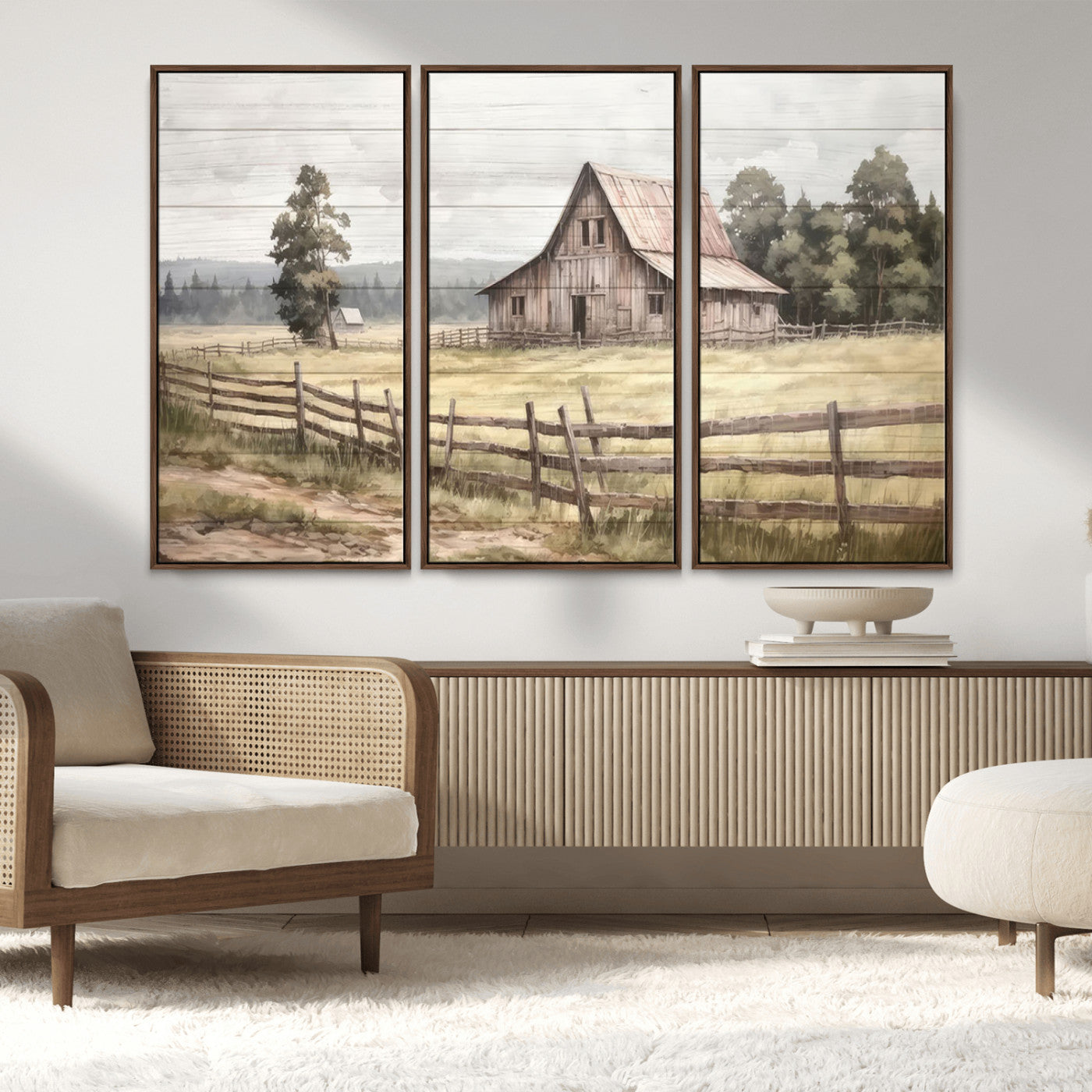 MGV-FC-48X32-3P - Rustic Farmhouse Barn Wall Art | 3-Panel Framed Gallery Wrap Giclee Canvas Print for Living Room, Farmhouse, or Office | Country Landscape Wall Art