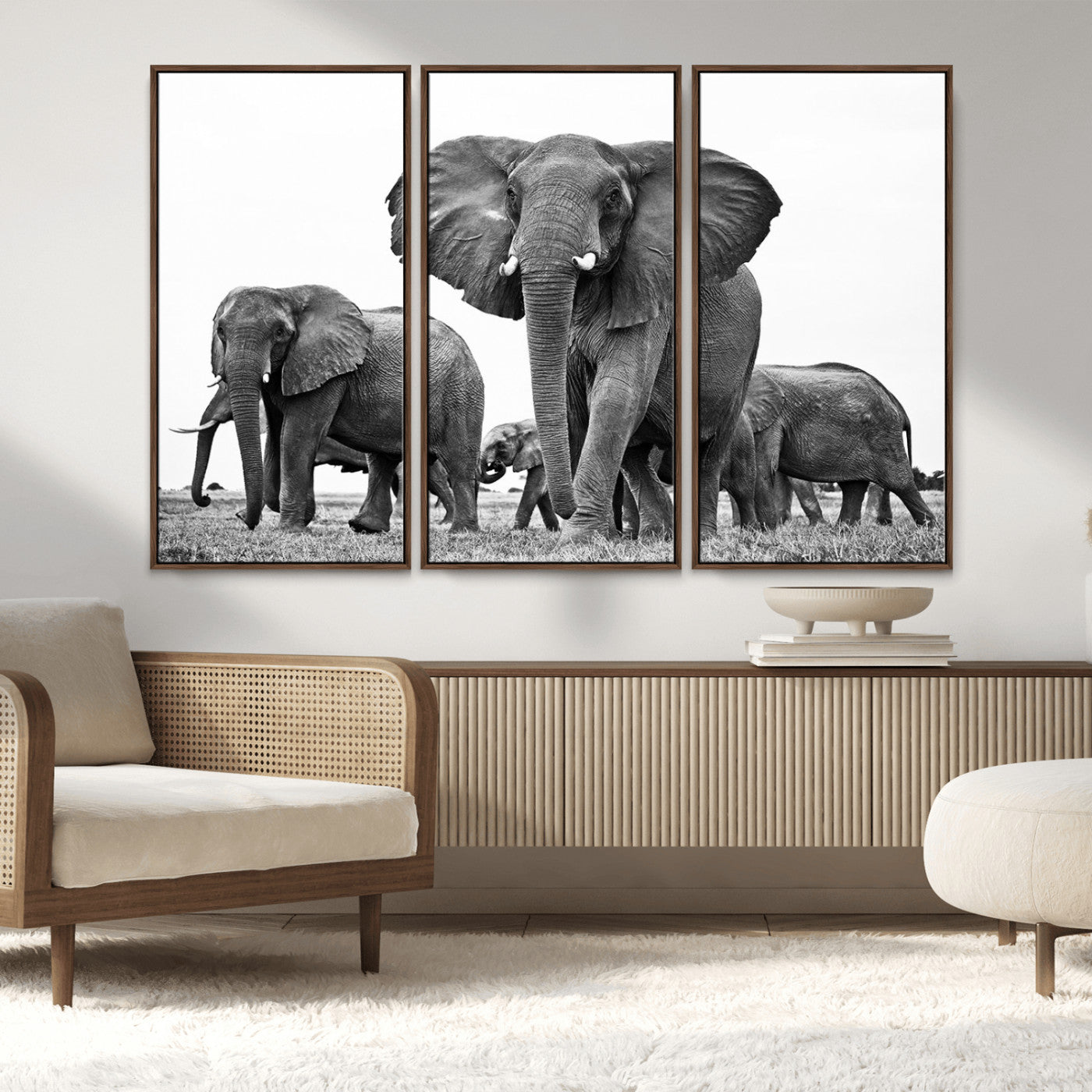 MGV-FC-48X32-3P - Black White Elephant Family Wall Art Canvas Print