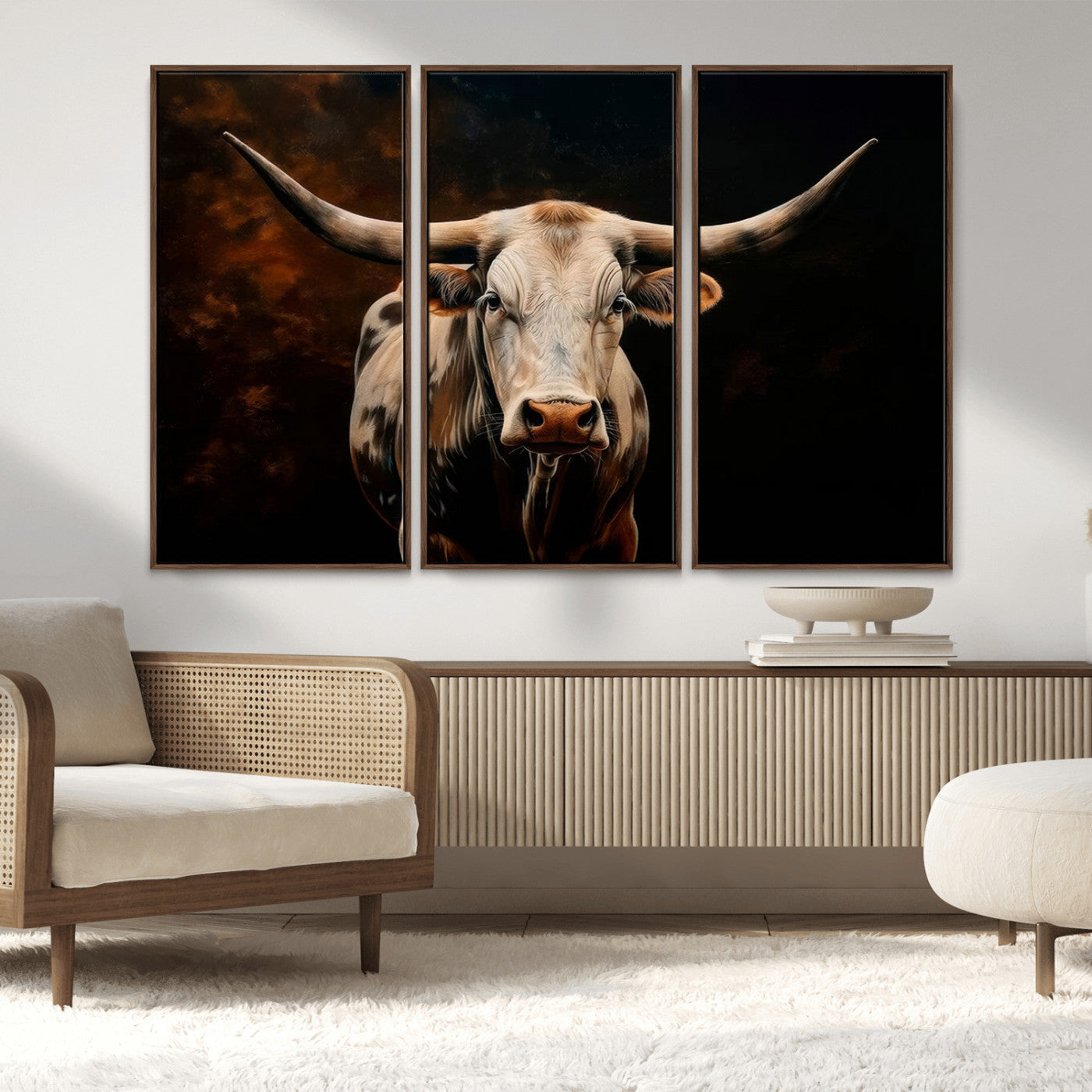 MGV-FC-48X32-3P - Texas Longhorn Wall Art | 3-Panel Large Texas Longhorn Canvas Print for Living Room, Office, or Farmhouse Decor | Framed Giclee Longhorn Wall Art