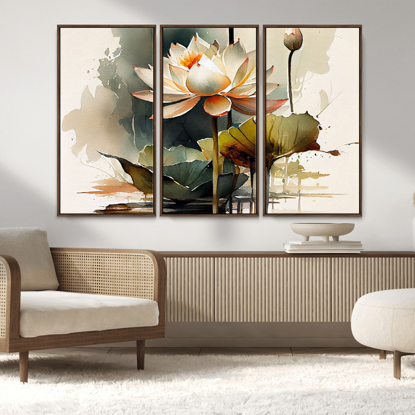 MGV-FC-48X32-3P - Lotus Flower Watercolor Canvas Print – A Symbol of Serenity and Growth, Captured in Soft Watercolors – Contemporary Wall Art for Tranquil Spaces