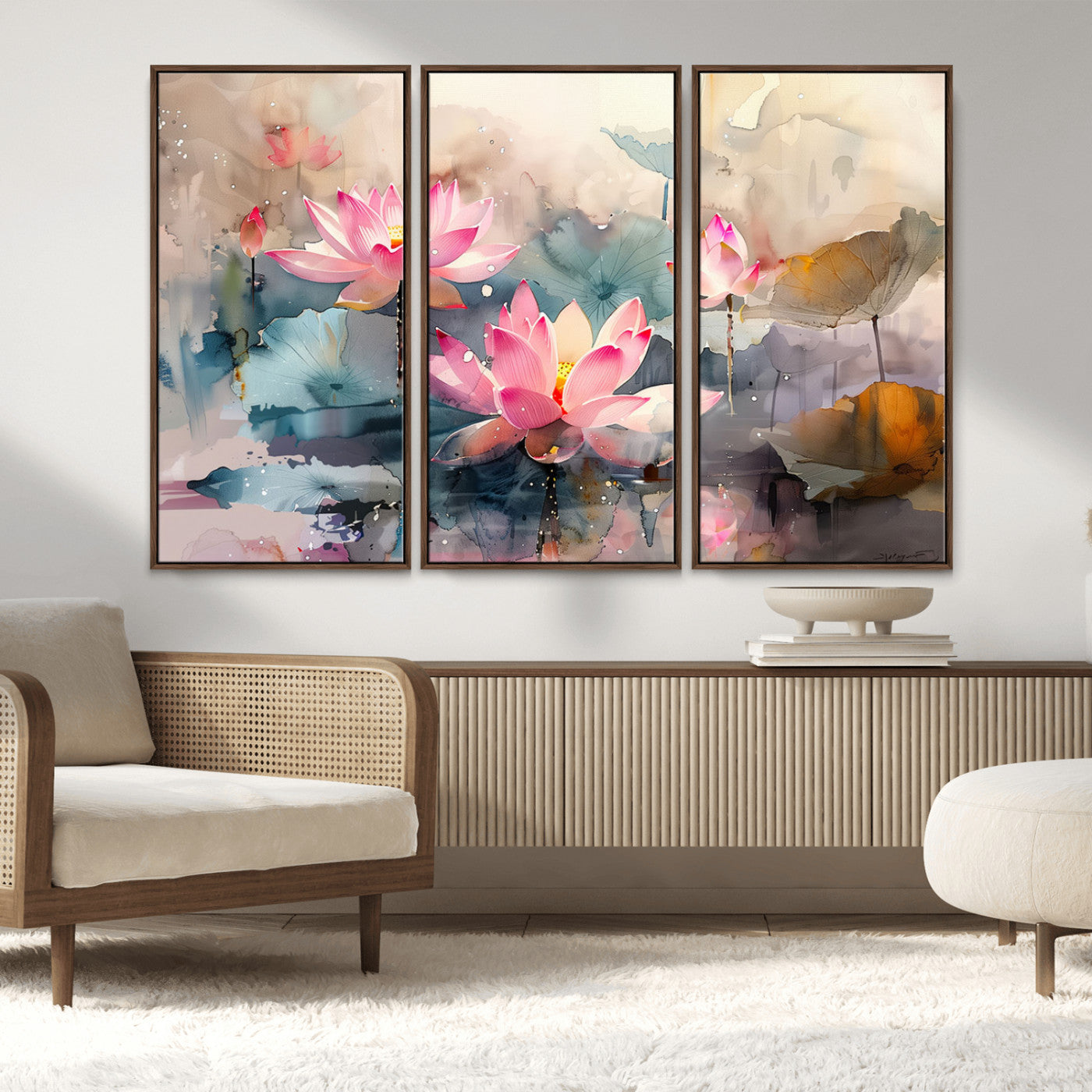 MGV-FC-48X32-3P - Lotus Flower Wall Art | 3-Panel Giclee Canvas Print of Pink Lotus Blossoms for Living Room, Bedroom, Office | Framed Lotus Floral Wall Art Decor Print