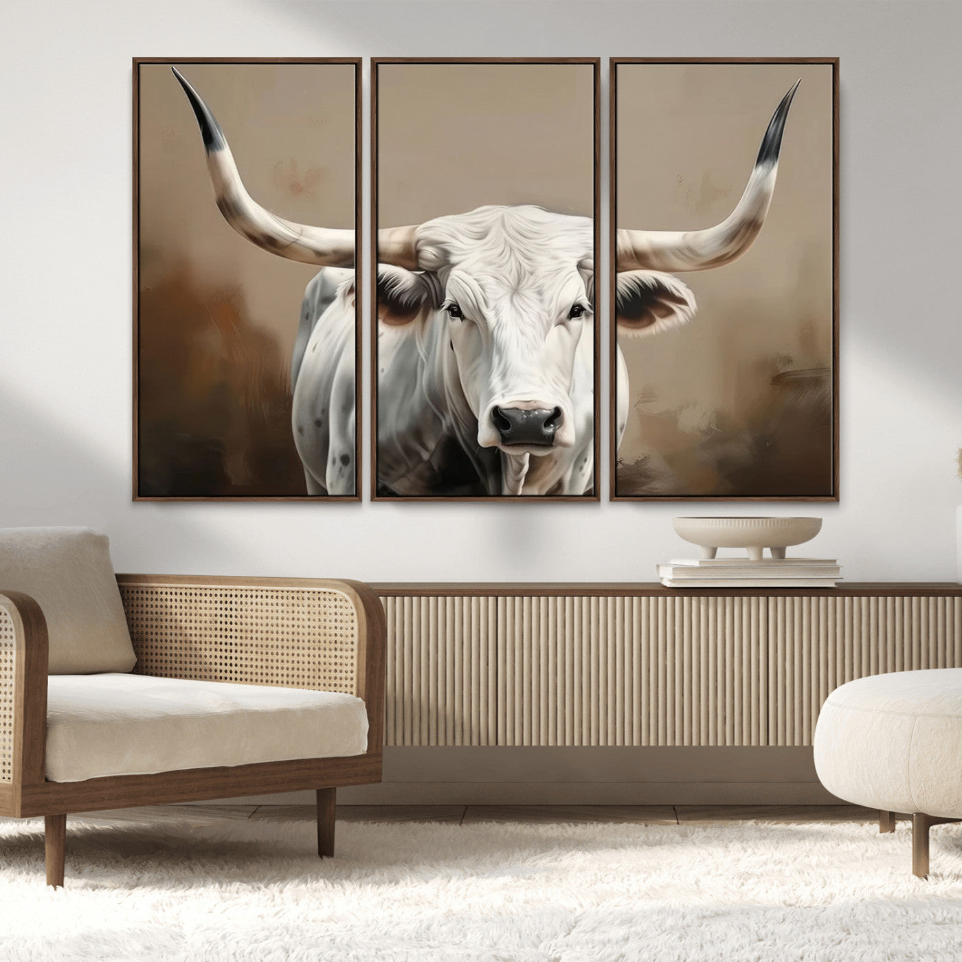 -White Longhorn Bull Wall Art Canvas Print – Framed and Ready to Hang – Perfect for Farmhouse and