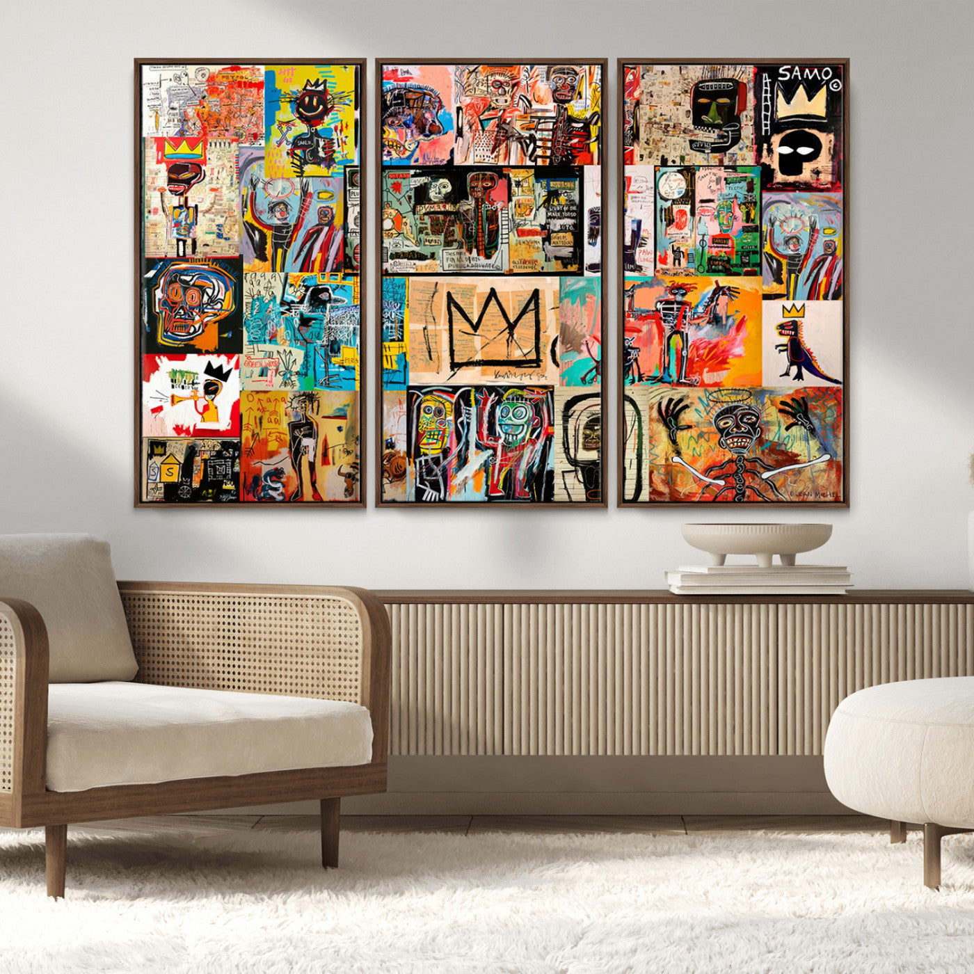 MGV-FC-48X32-3P - Basquiat Art Collage Wall Art Canvas Print – Framed, Ready to Hang, Urban Graffiti Style