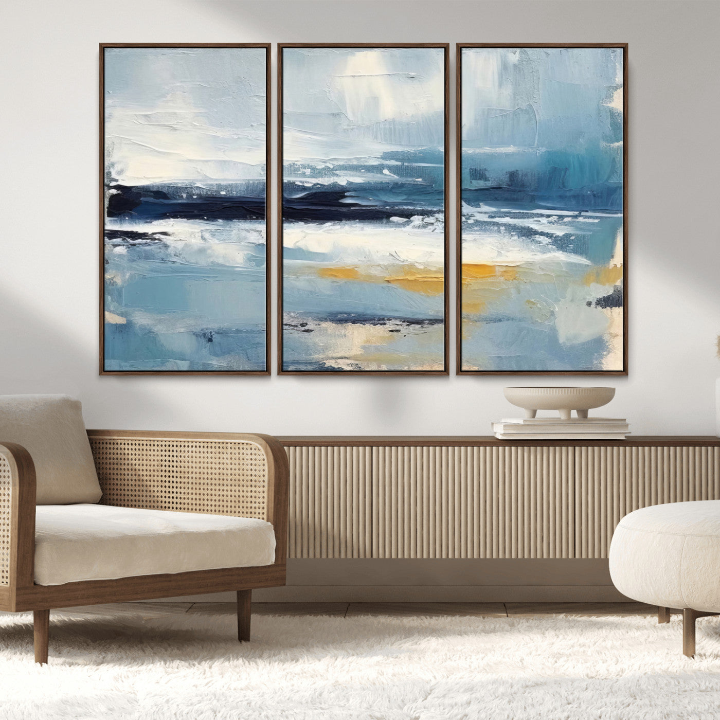 MGV-FC-48X32-3P - Abstract Ocean Canvas Wall Art - Coastal Blue and Gold Textured Painting, Modern Seascape Decor for Living Room Decor