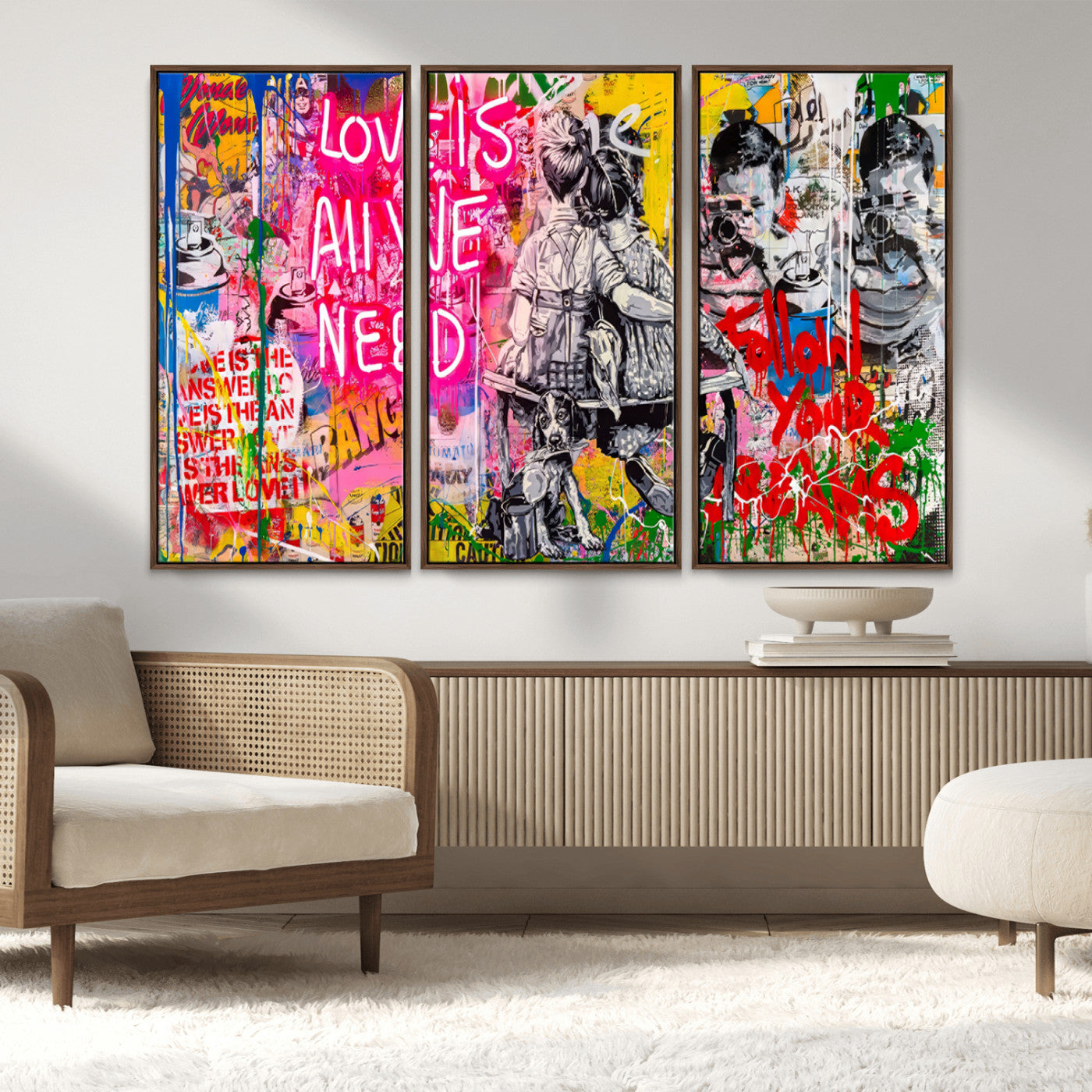 MGV-FC-48X32-3P - Follow Your Dreams & Love is All We Need Graffiti Street Art Triptych | 3-Panel Colorful Urban Wall Art for Living Room, Office, Loft Graffiti Wall Art Print