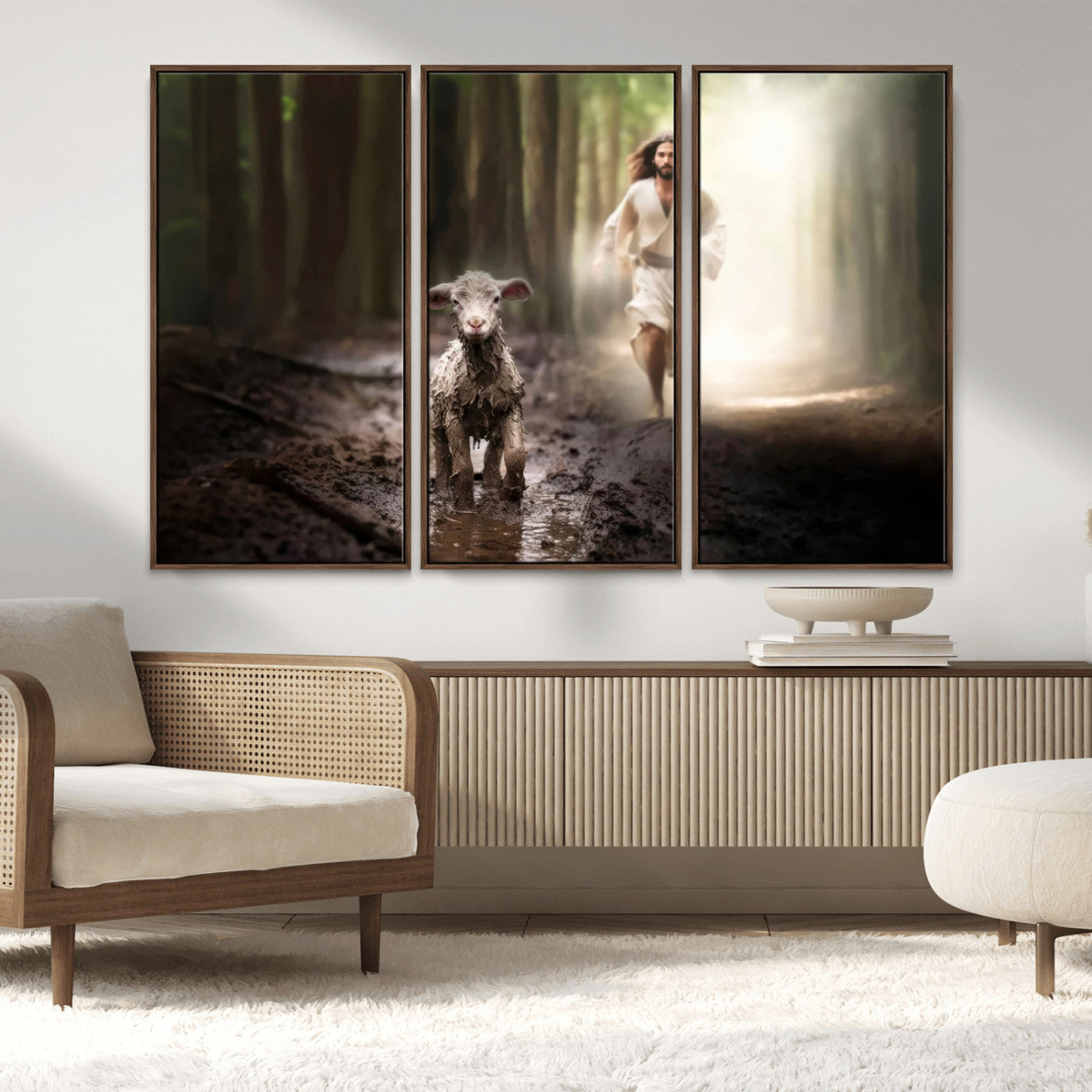 MGV-FC-48X32-3P - Jesus Canvas Wall Art - Jesus Running After Lost Lamb, Jesus, Christian Home Decor - Church Wall Art