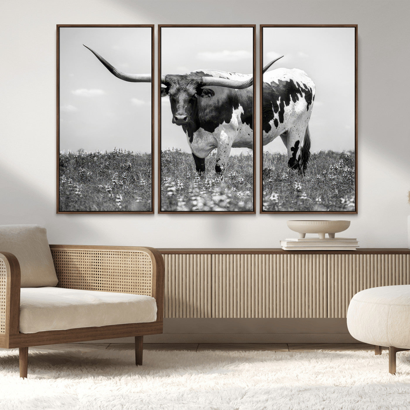 94709-MGV-FC-48X32-3P_Walnut-Texas Black White Highland Longhorn Cow Wall Art Canvas Print