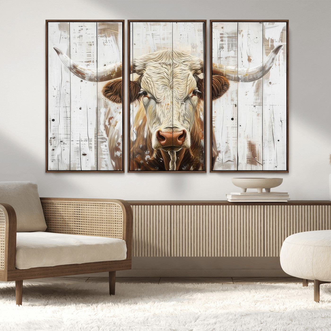 71551-MGV-FC-48X32-3P_Walnut-Rustic Longhorn Bull Wall Art Canvas Set – Western-Inspired Farmhouse Décor - Ready to Hang