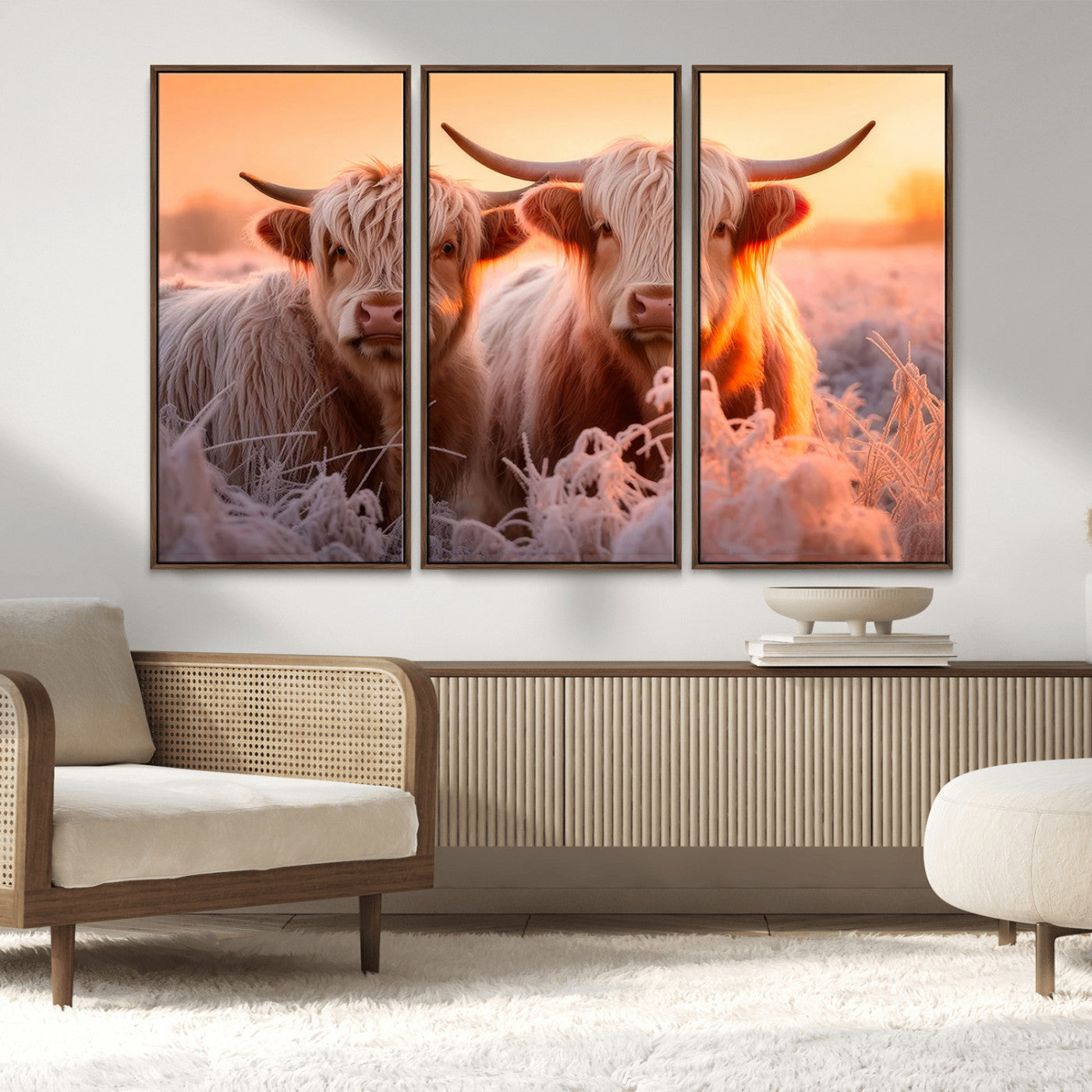 -Highland Cows at Sunrise Wall Art Canvas Set – Serene and Rustic Farmhouse Decor