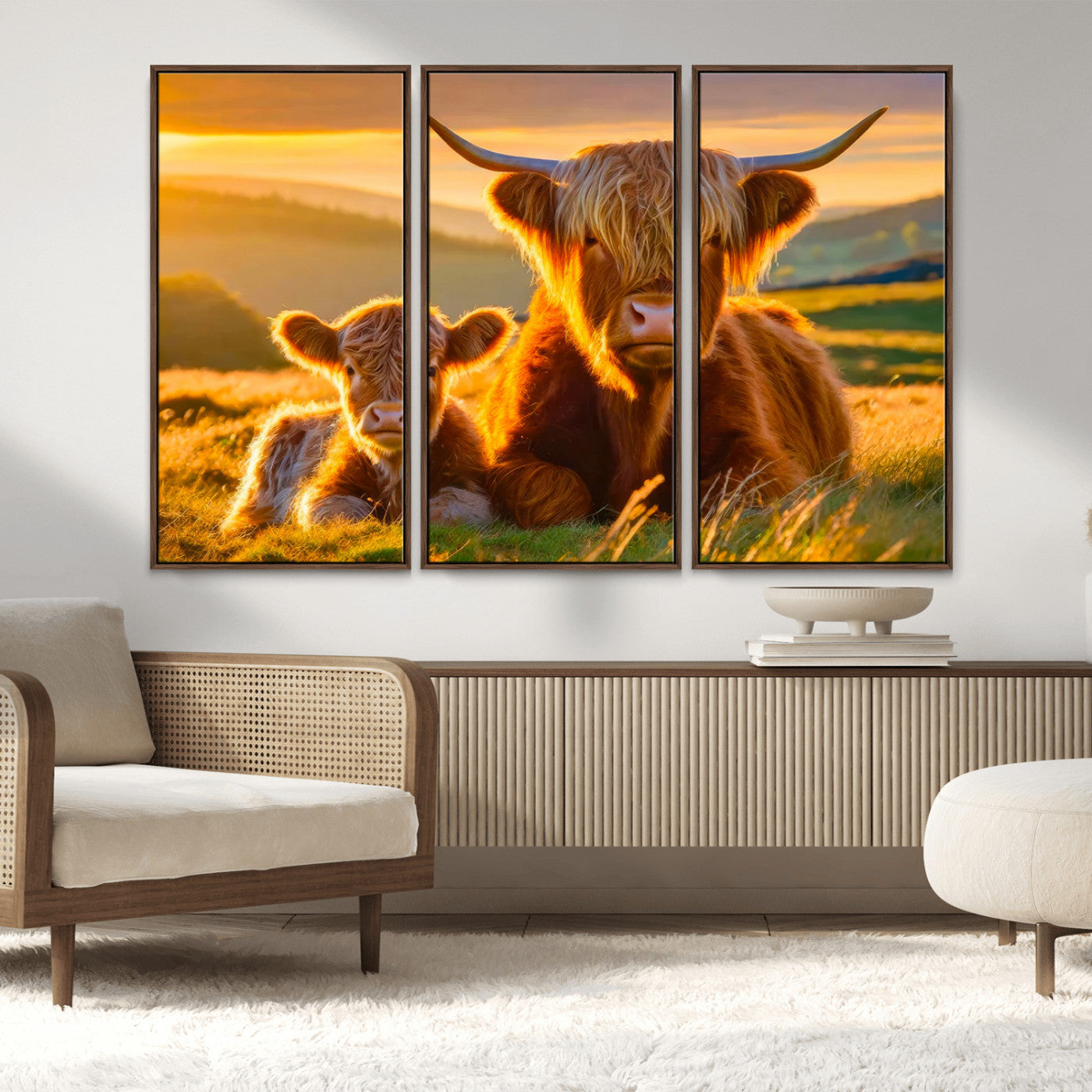 20567-MGV-FC-48X32-3P_Walnut-Scottish Cow and Baby Cow Canvas Wall Art Animal Print Fluffy Cattle Framed Farmhouse Decor