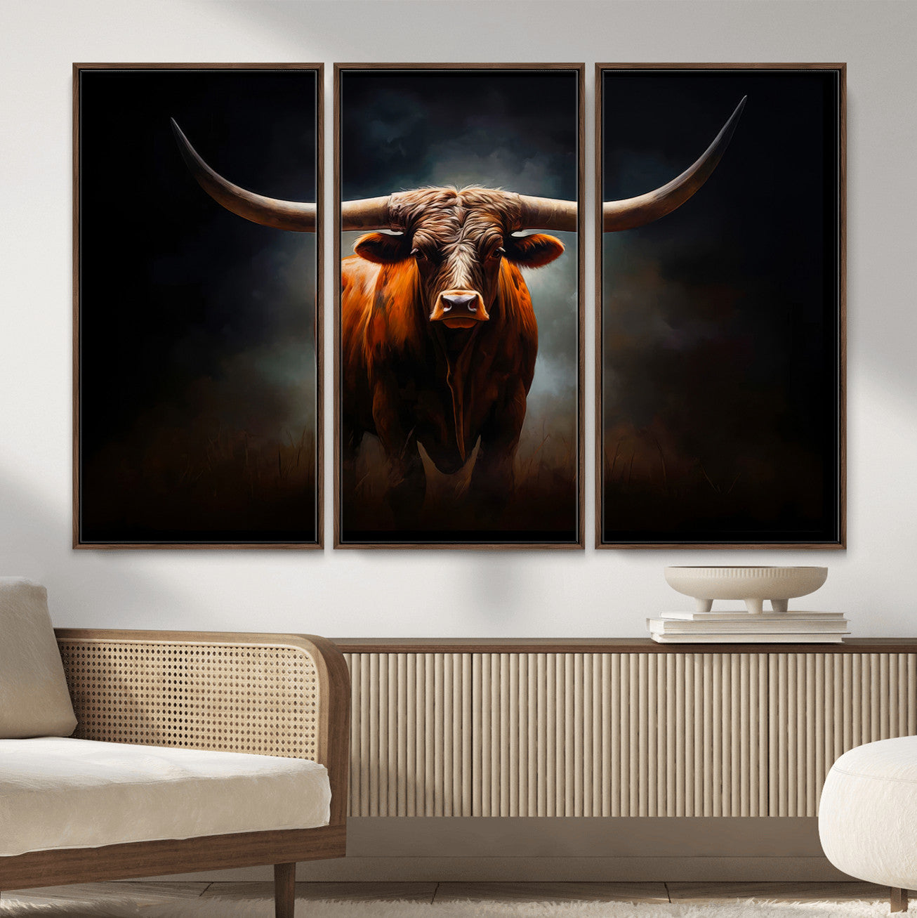 48896-MGV-CV-36X24 - Abstract Texas Longhorn Wall Art Print | 3-Panel Large Texas Longhorn Canvas Print for Living Room,