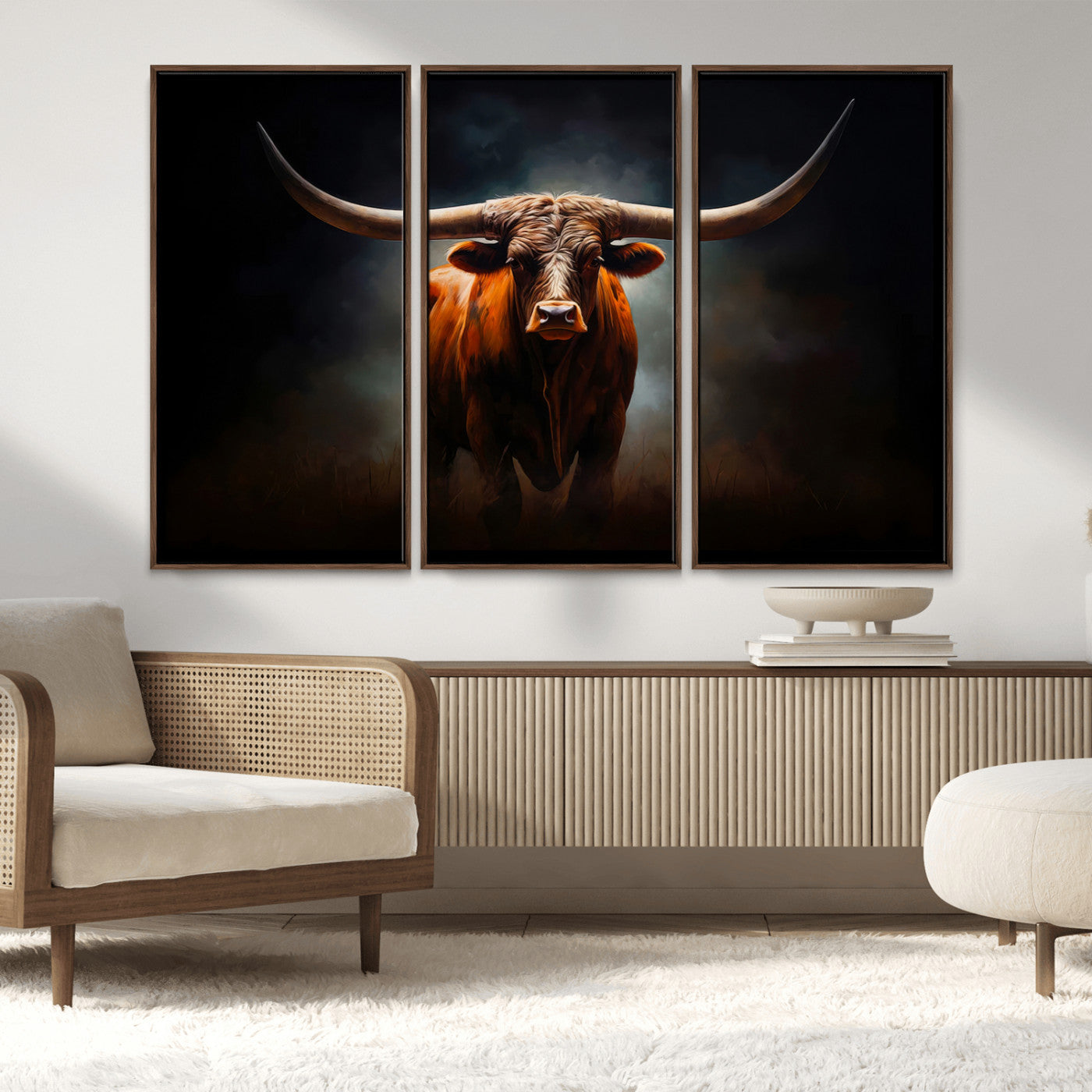 MGV-FC-48X32-3P - Abstract Texas Longhorn Wall Art Print | 3-Panel Large Texas Longhorn Canvas Print for Living Room, Office  Farmhouse Decor | Framed Longhorn Wall Art