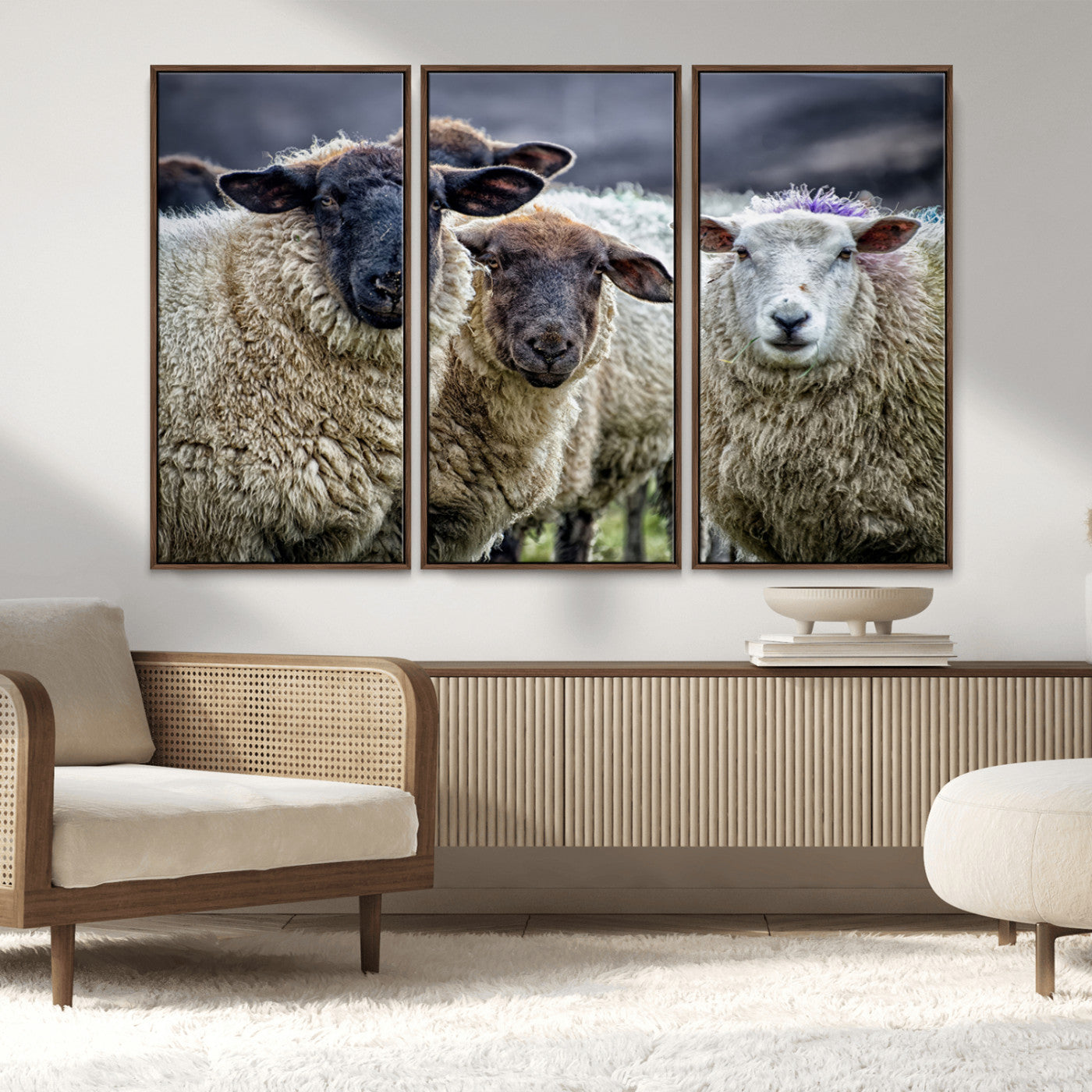 18418-MGV-FC-48X32-3P_Walnut-Charming Sheep Portrait Wall Art – Trio of Woolly Companions Canvas Print, Framed, Ready to Hang