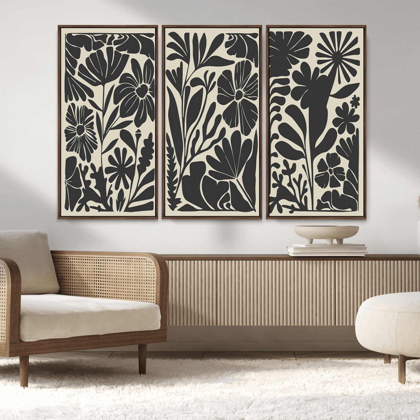 MGV-FC-48X32-3P - Modern Botanical Wall Art - Floral Black and White Canvas Print, Framed, Ready to Hang