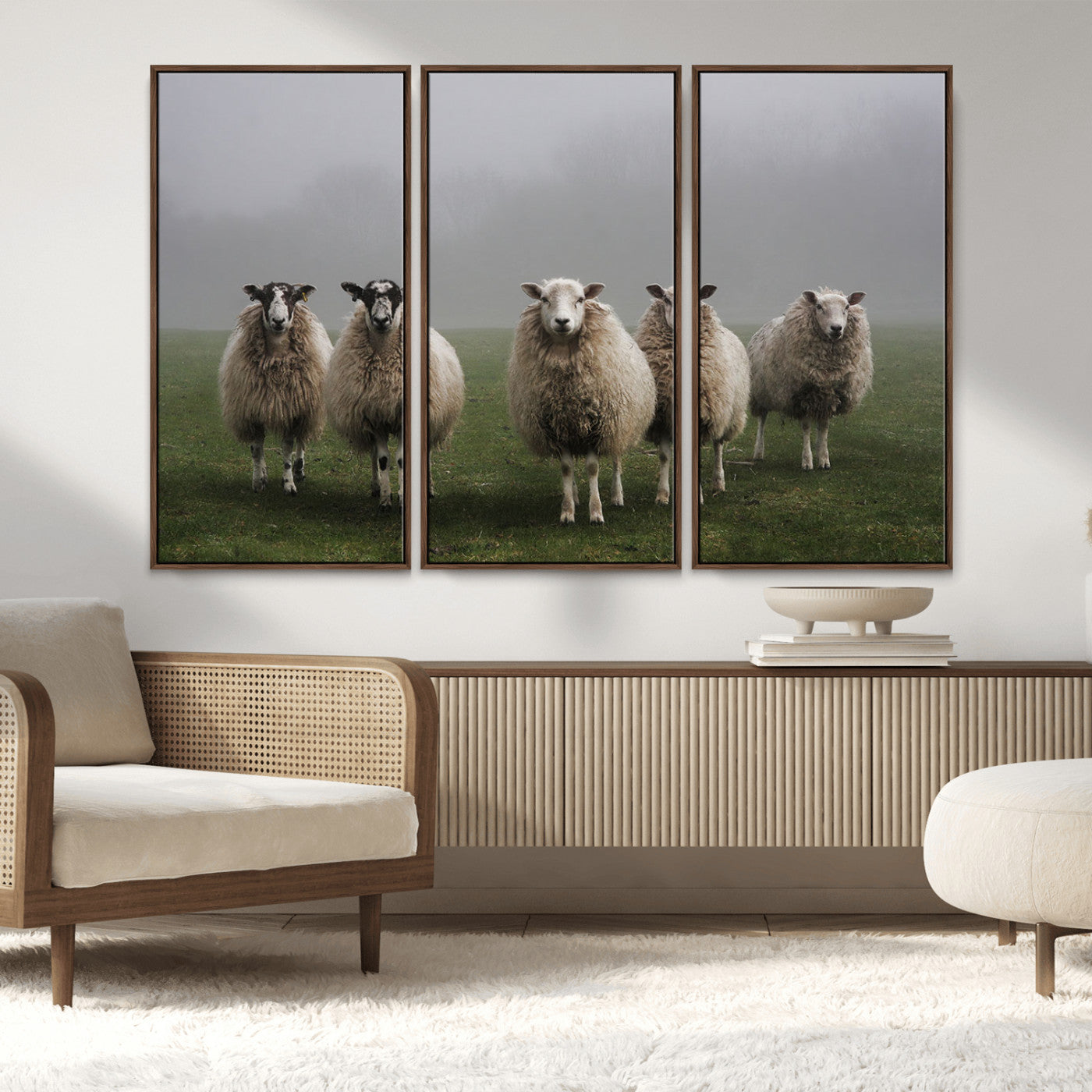 -Flock of Sheep in a Mystical Fog – Pastoral Wall Art Canvas Print, Framed, Ready to Hang