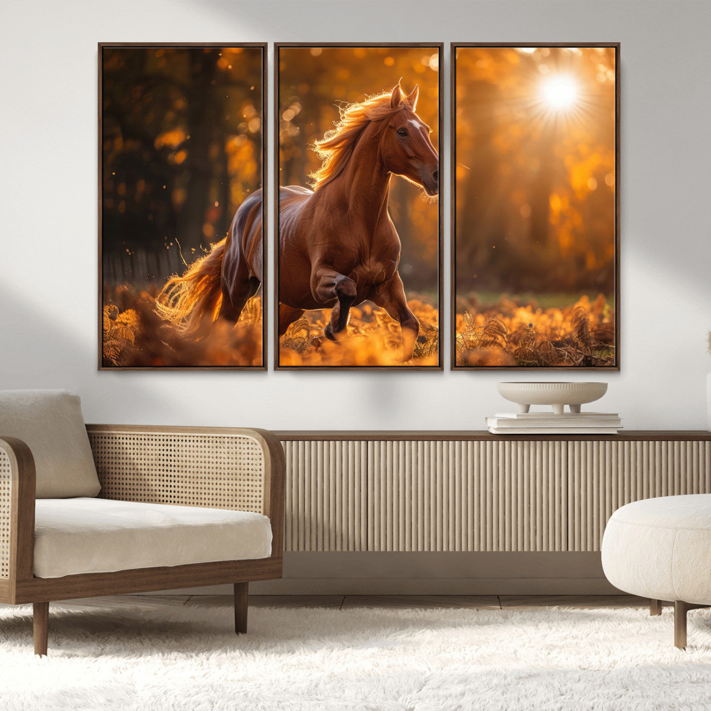 92144-MGV-FC-48X32-3P_Walnut-Running Horse Sunset Forest Wall Art Canvas Print