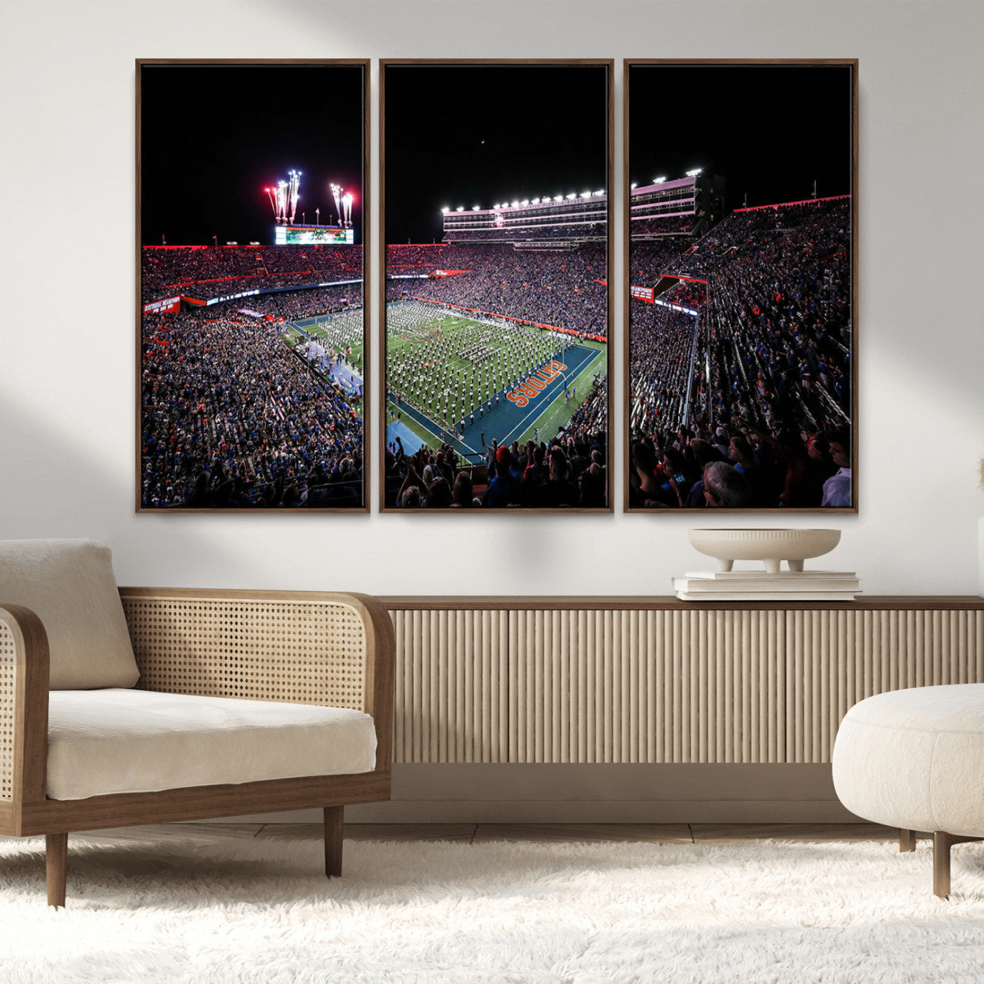 MGV-FC-48X32-3P - Ben Hill Griffin Stadium Night Game Triple Canvas Wall Art - Florida Gators Football Match