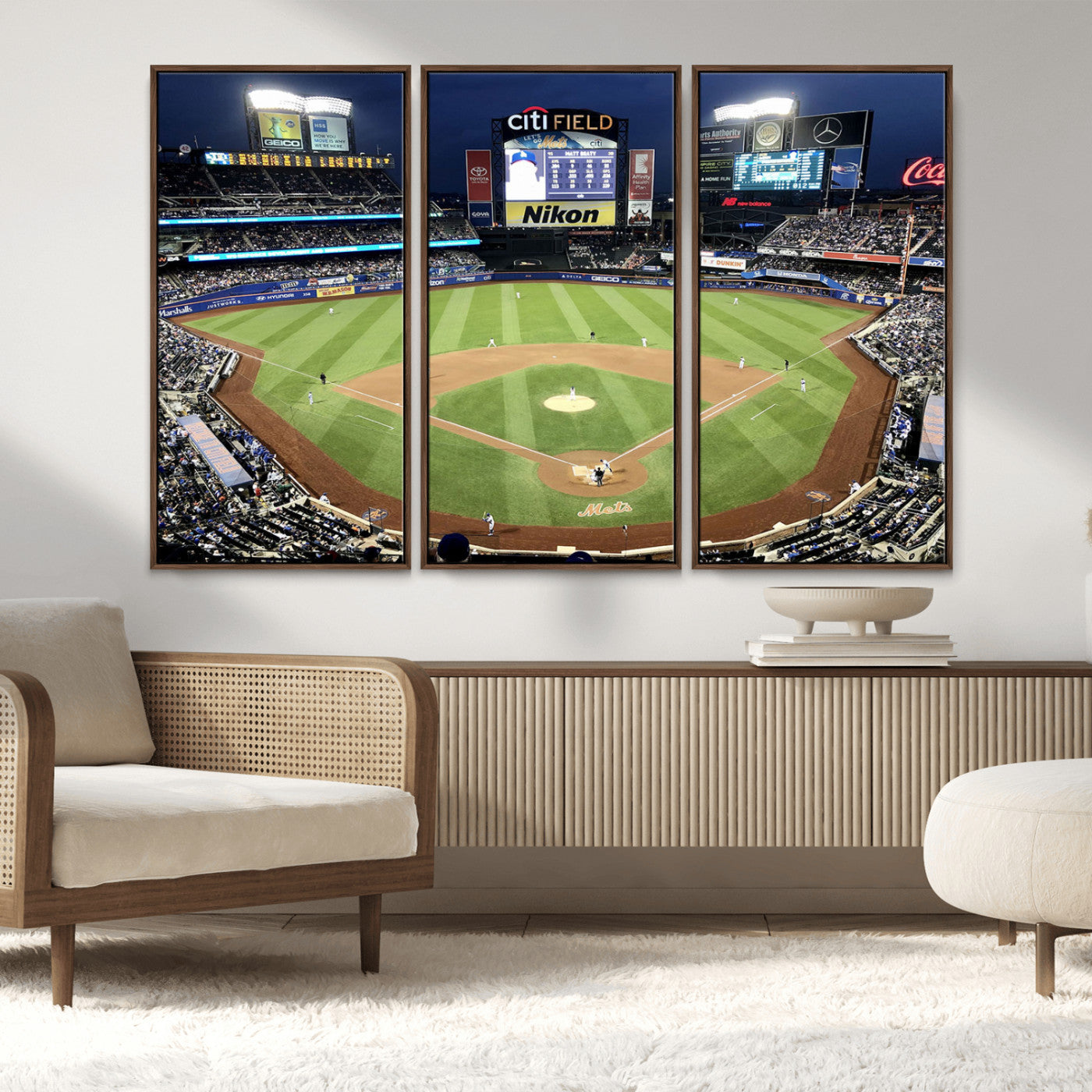 MGV-FC-48X32-3P - Citi Field Wall Art Print | 3-Panel New York Mets Baseball Stadium Canvas Print | Framed Sports Decor for Living Room, Man Cave, or Office Decor