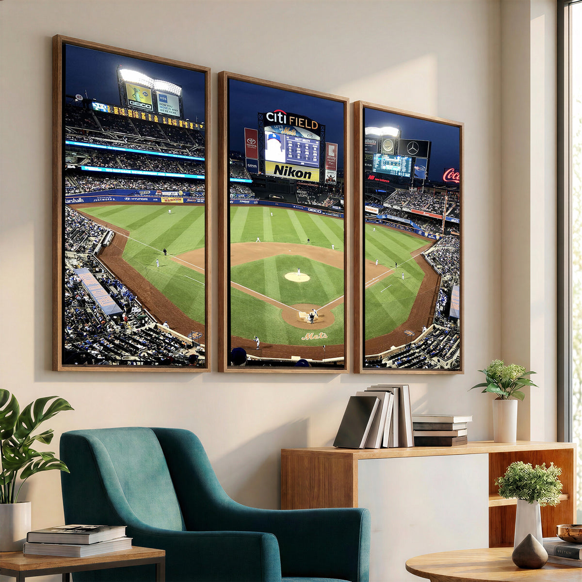 87666-MGV-CV-36X24 - Citi Field Wall Art Print | 3-Panel New York Mets Baseball Stadium Canvas Print | Framed Sports