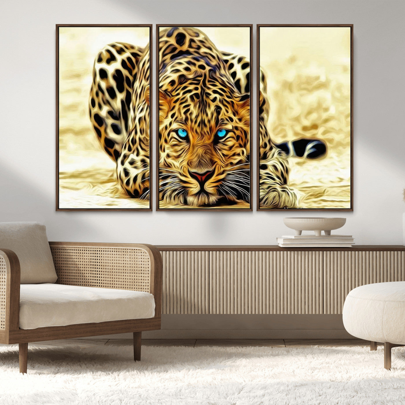 45281-MGV-FC-48X32-3P_Walnut-Blue-Eyed Leopard Canvas Wall Art - Framed Animal Print Ready to Hang - Fierce and Bold Decor for