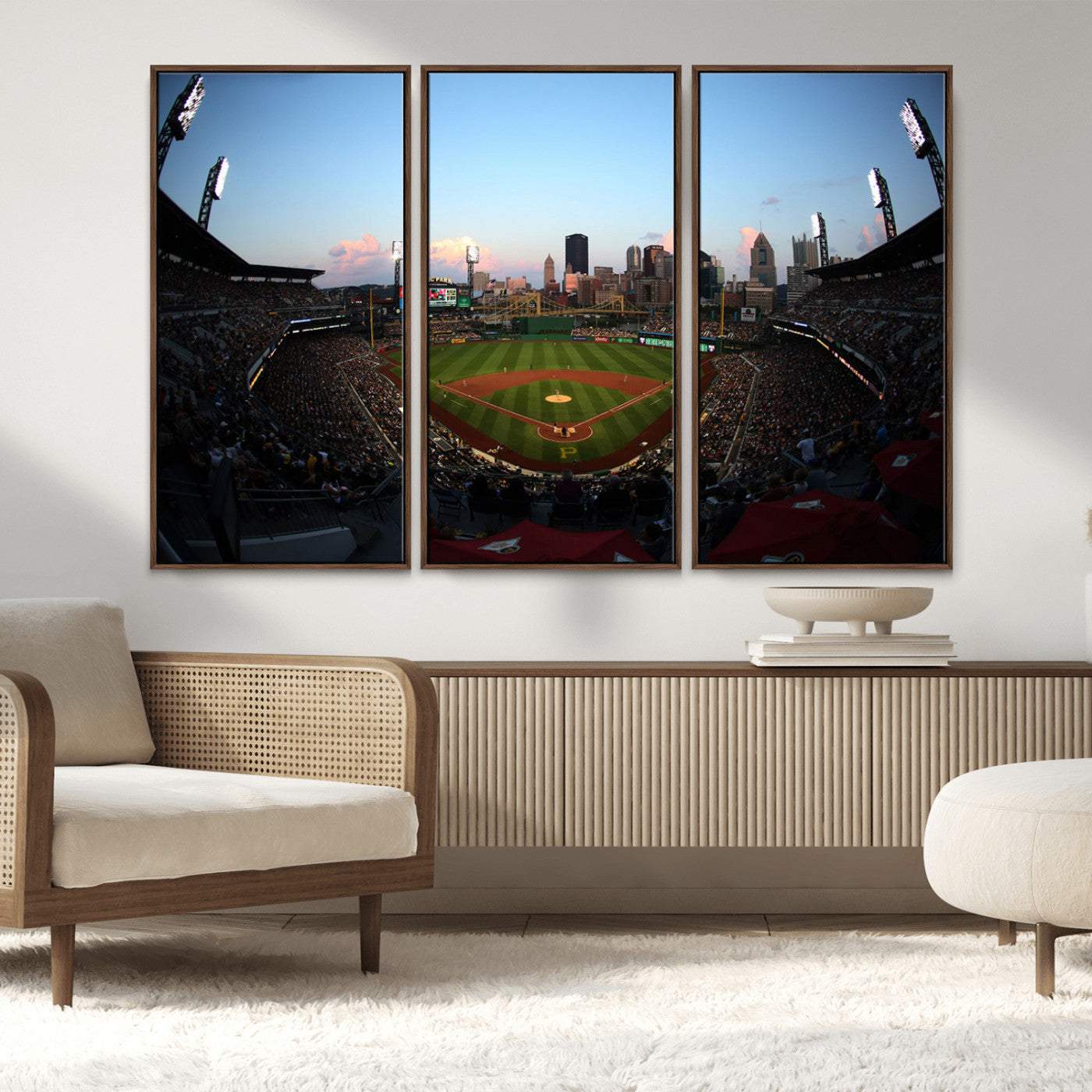 MGV-FC-48X32-3P - PNC Park Evening Game Triple Canvas Wall Art - Pittsburgh Pirates MLB Match - PNC Park Stadium Wall Art Canvas Print