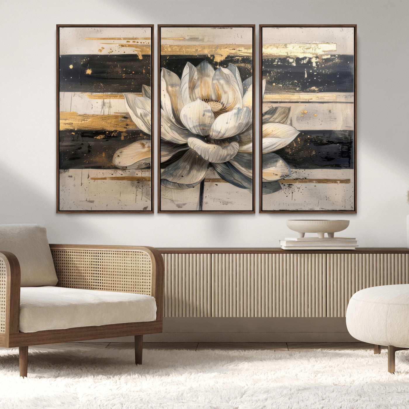 MGV-FC-48X32-3P - Lotus Flower Wall Art Canvas Print, Framed Abstract Lotus Art Picture Print, White Lotus Flower Perfect Abstract Floral Decor Artwork