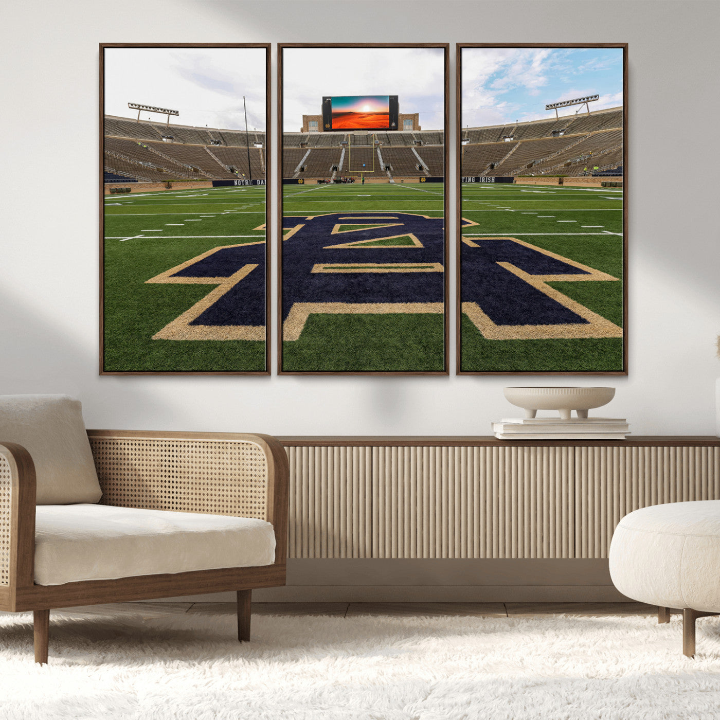 MGV-FC-48X32-3P - Notre Dame Stadium Giclee Canvas Print | Triptych Wall Art Featuring Iconic Notre Dame Football Field | Ready-to-Hang Sports Stadium Decor