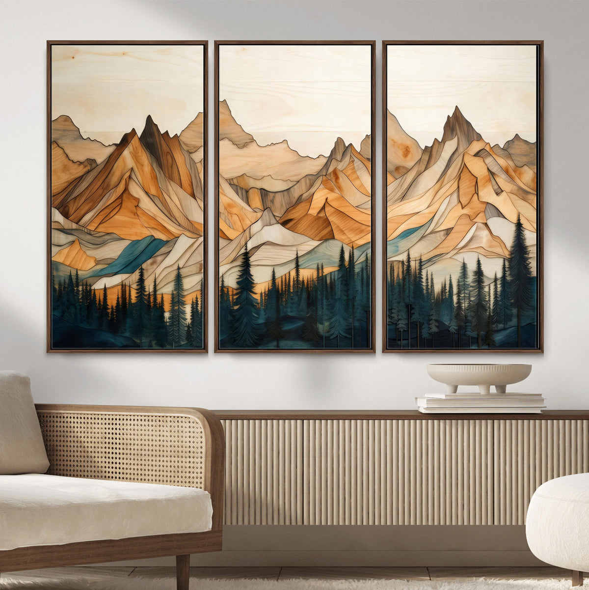 31576-MGV-CV-36X24 - Geometric Wood Mountain Landscape Wall Art Canvas Print, Rustic Forest Painting Print