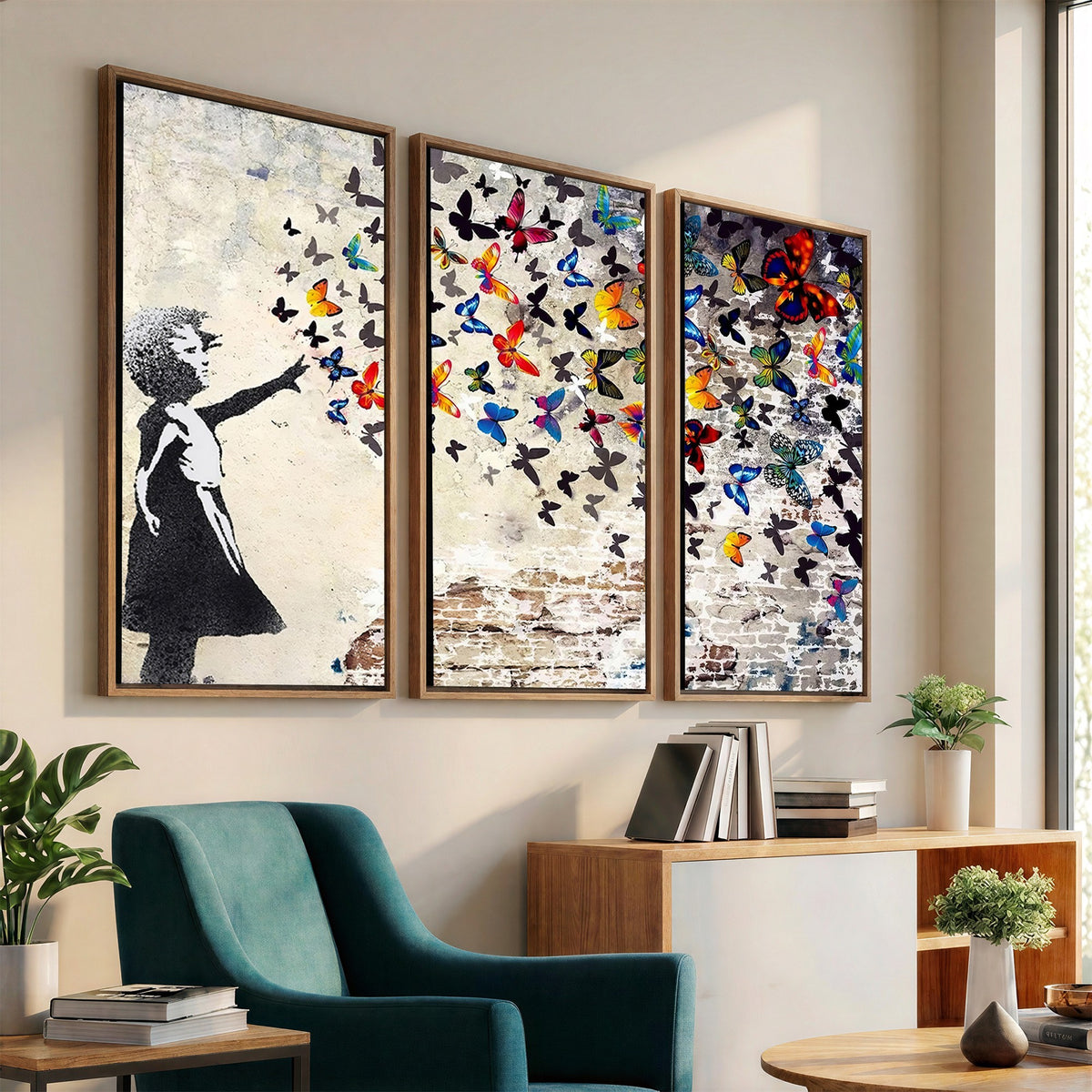 97895-MGV-CV-24X16 - Banksy Graffiti Wall Art Canvas Print, Girl Releasing Vibrant Butterflies