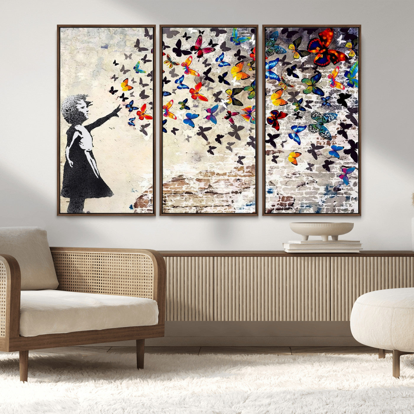 MGV-FC-48X32-3P - Banksy Graffiti Wall Art Canvas Print: Girl Releasing Vibrant Butterflies – Ready to Hang