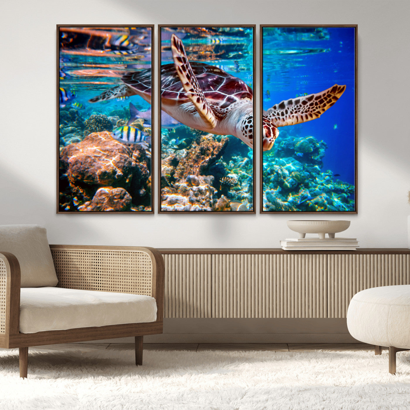 MGV-FC-48X32-3P - Underwater Coral Reef Sea Turtle Wall Art Canvas Print, Vibrant Marine Life | Colorful Ocean Scene