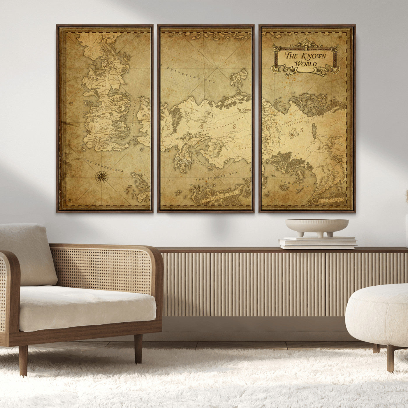MGV-FC-48X32-3P - Vintage Game of Thrones Map Wall Art | Westeros and Essos Antique Style Print | The Known World in Triptych Canvas | Giclee Canvas for Fantasy Lovers