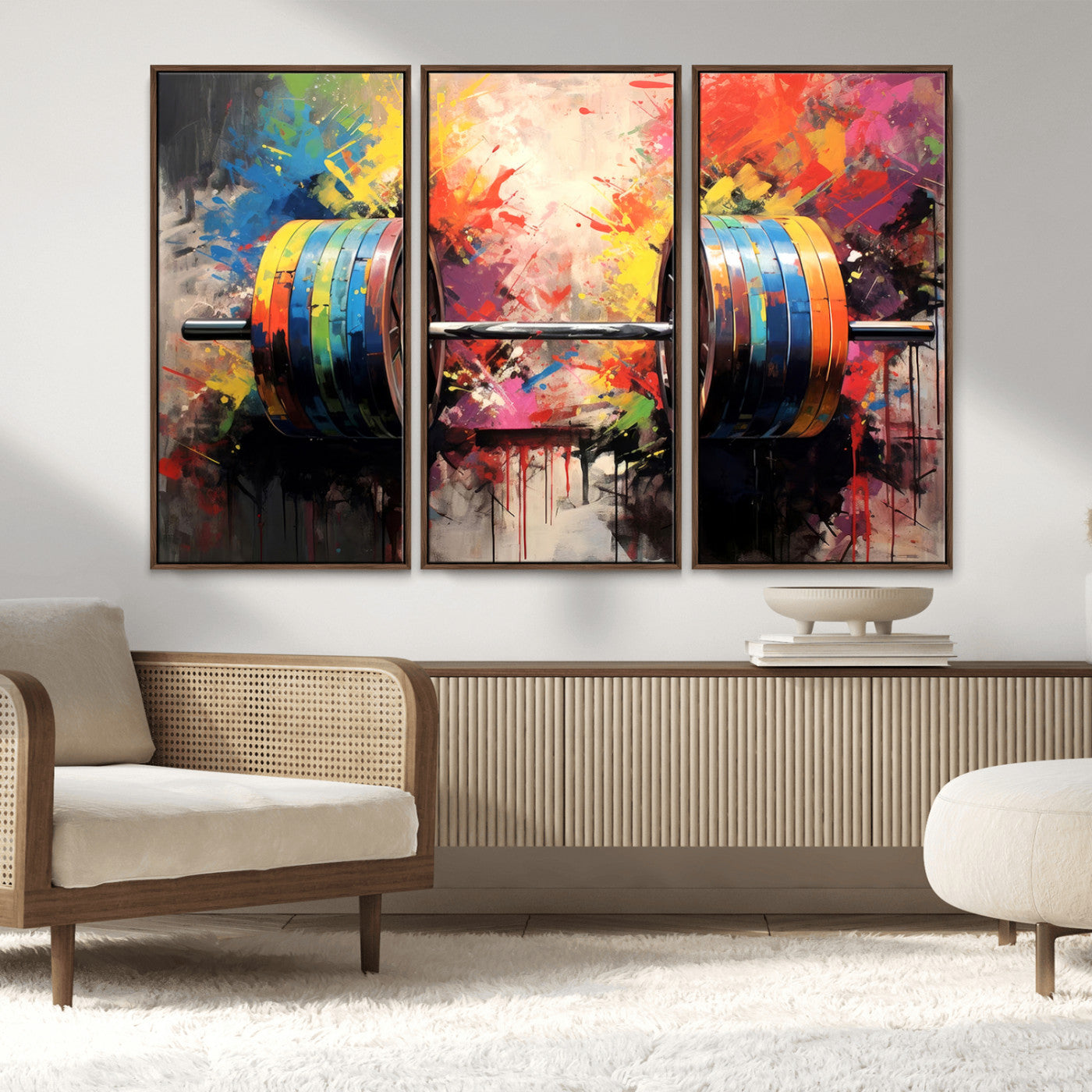 MGV-FC-48X32-3P - Weightlifting Barbell Art Triptych, Bold Abstract Fitness Wall Decor for Gym or Home, Giclee Canvas Print