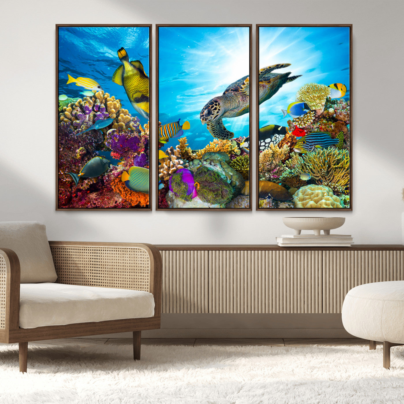 44772-MGV-FC-48X32-3P_Walnut-Colorful Coral Reef and Sea Life Turtle Canvas Print, Underwater Tropical Ocean Wall Art for Home