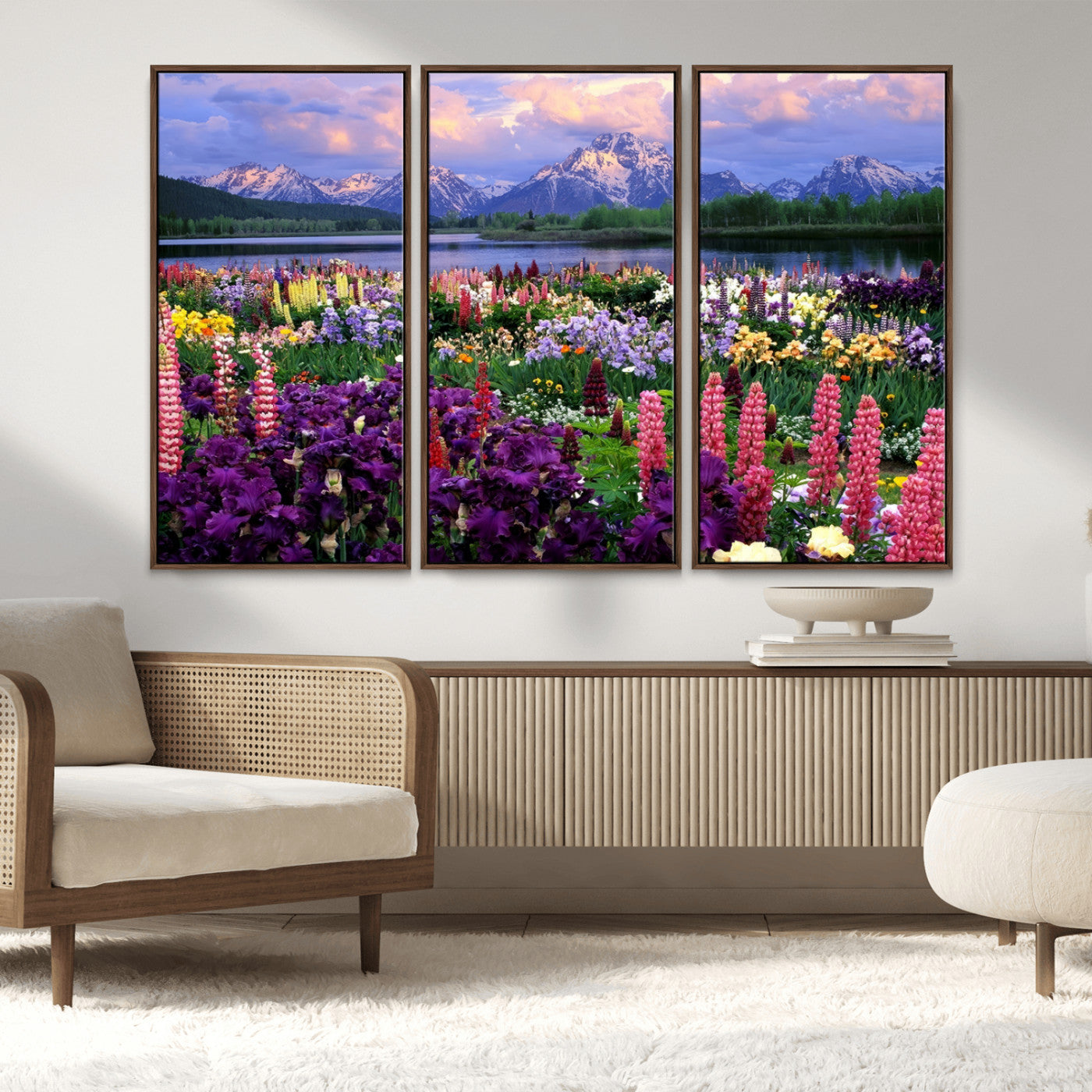 MGV-FC-48X32-3P - Vibrant Wildflower Garden and Mountain View Giclee Canvas Print | Floral Wall Art for Living Room