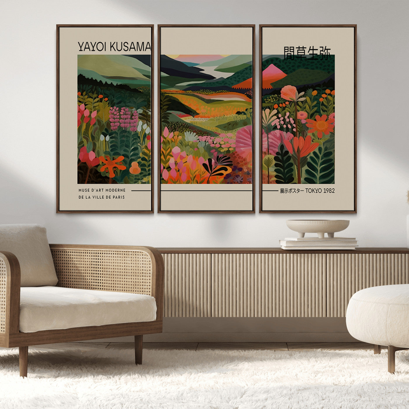 MGV-FC-48X32-3P - Yayoi Kusama Landscape Canvas Print, Vibrant Floral Mountain Art Print, Botanical Flower Nature