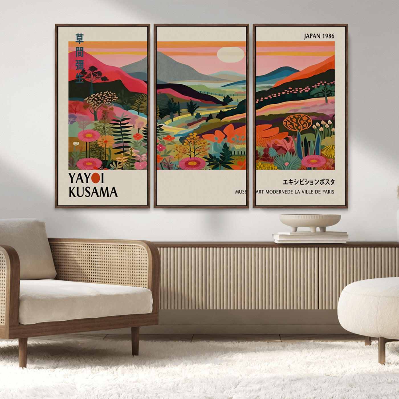 MGV-FC-48X32-3P - Yayoi Kusama Landscape Canvas Print, Vibrant Floral Mountain Art Print, Botanical Flower Nature