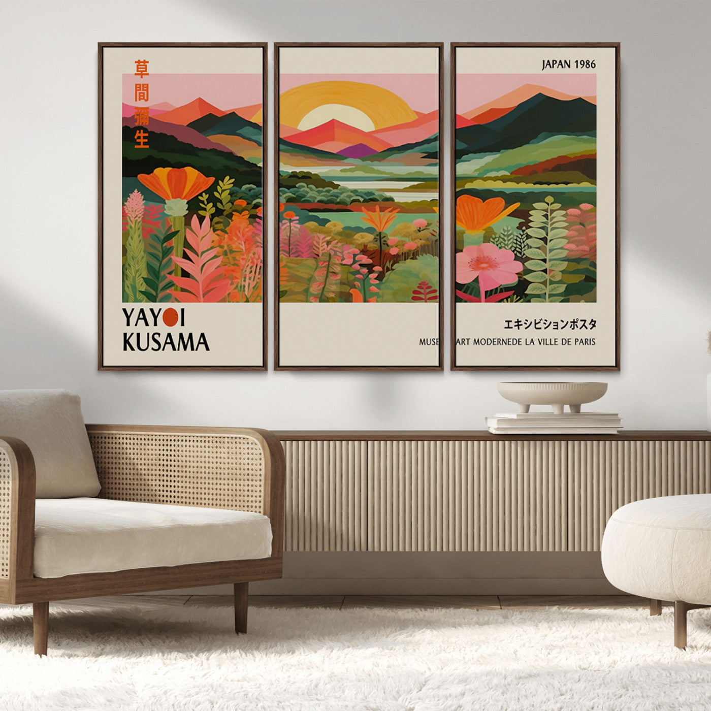 MGV-FC-48X32-3P - Framed Yayoi Kusama Print, Vibrant Floral Mountain Art Print, Botanical Flower Nature Decor, Sunset