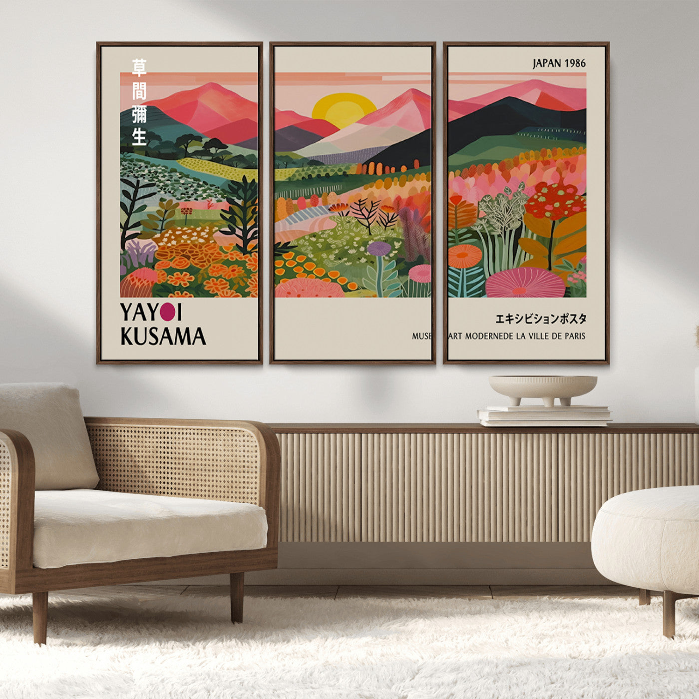 MGV-FC-48X32-3P - Yayoi Kusama Landscape Canvas Print, Vibrant Floral Mountain Art Print, Framed Botanical Wall Art -