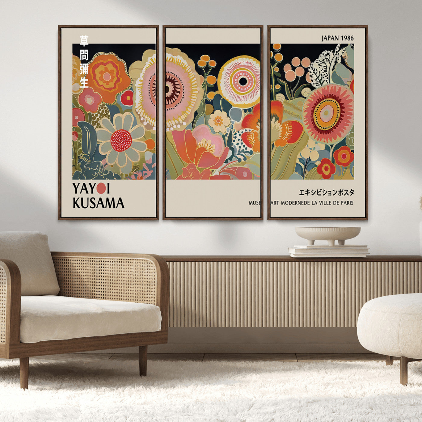 MGV-FC-48X32-3P - Yayoi Kusama Landscape Canvas Print, Vibrant Floral Mountain Art Print, Botanical Flower Nature Decor, Sunset Scenery Artwork
