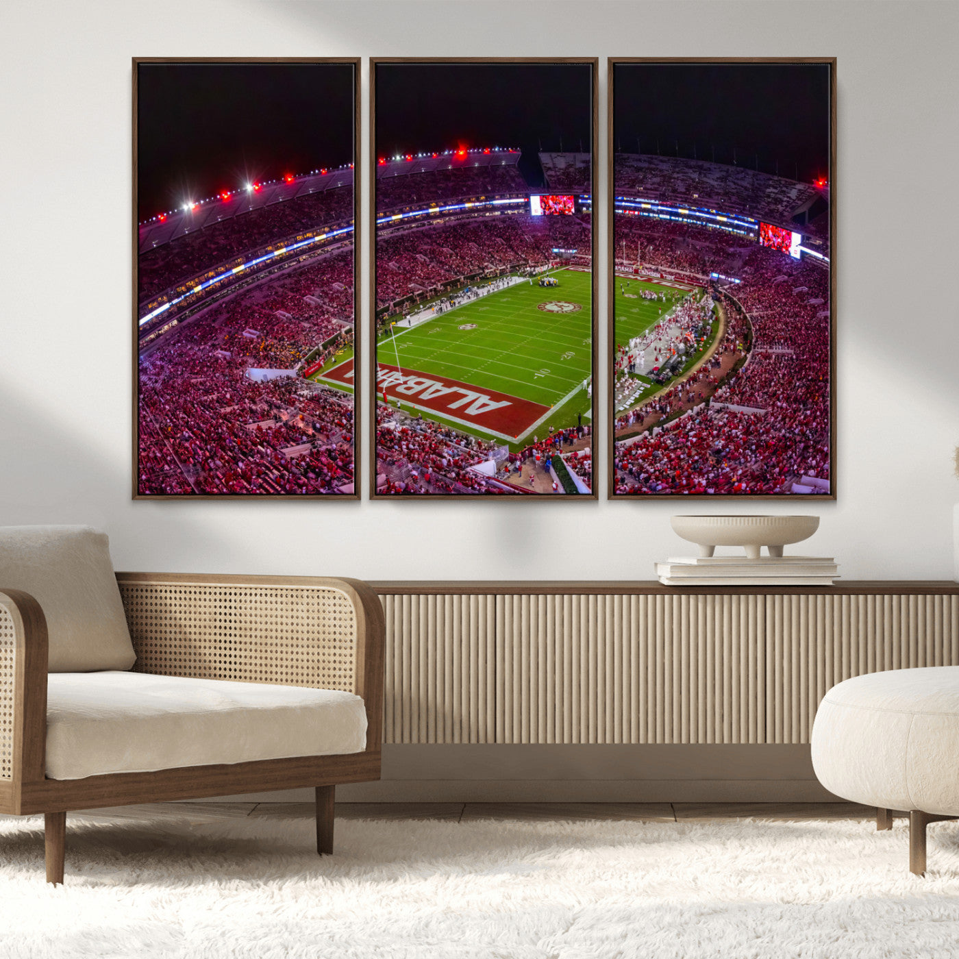 MGV-FC-48X32-3P - Bryant-Denny Stadium Night Game Triple Canvas Wall Art - Alabama Crimson Tide Football Match