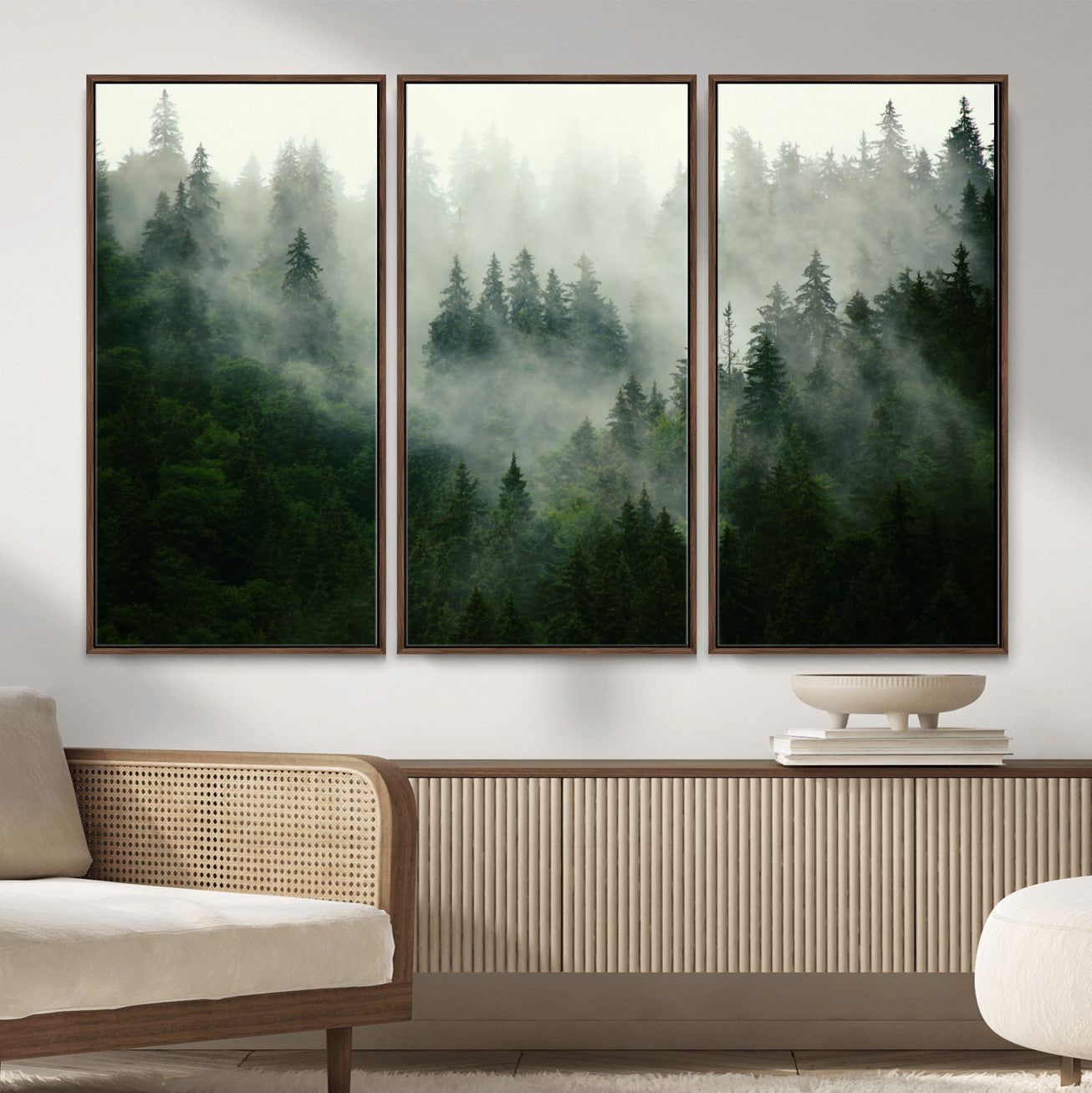 167720496-MGV-CV-36X24 - Misty Forest Mountain Wall Art Canvas  | Large 3-Panel Foggy Landscape Canvas Print | Nature Misty