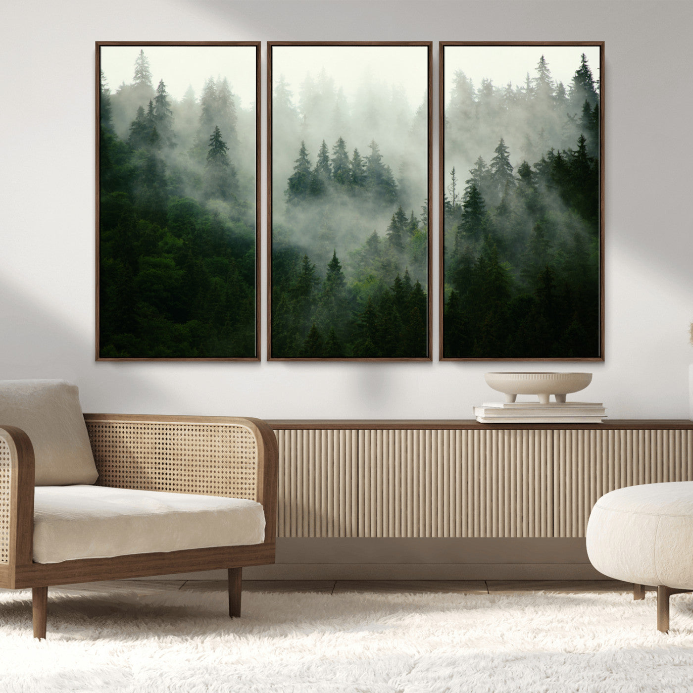 MGV-FC-48X32-3P - Misty Forest Wall Art Canvas Print - Foggy Forest Landscape Canvas Wall Art – Serene Triptych Nature