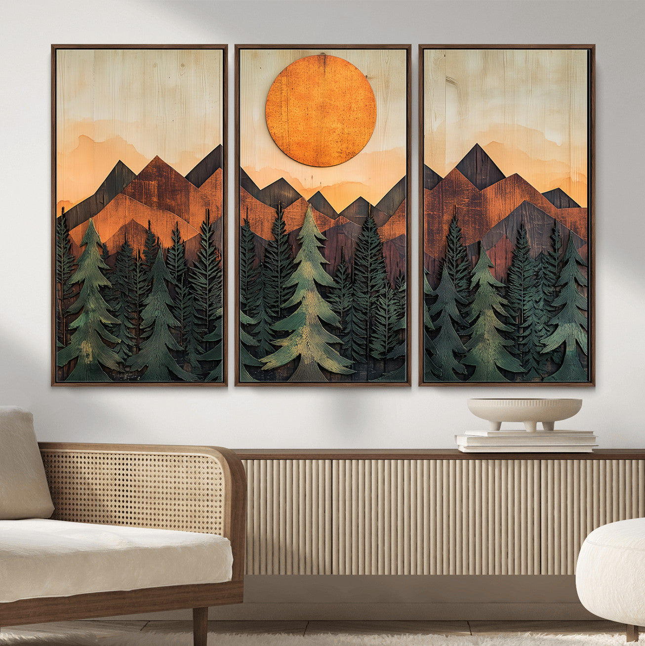 77739-MGV-CV-36X24 - Wood Style Sunset Mountain Landscape Canvas Wall Art Print - Nature Decor for Living Room, Office