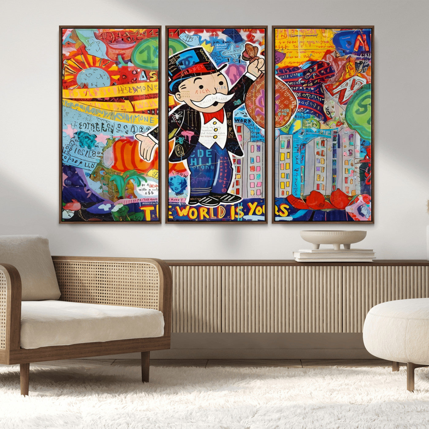 MGV-FC-48X32-3P - Pop Art Monopoly Man Canvas Wall Art Print - Bold and Colorful Street Art-Inspired Decor for Living