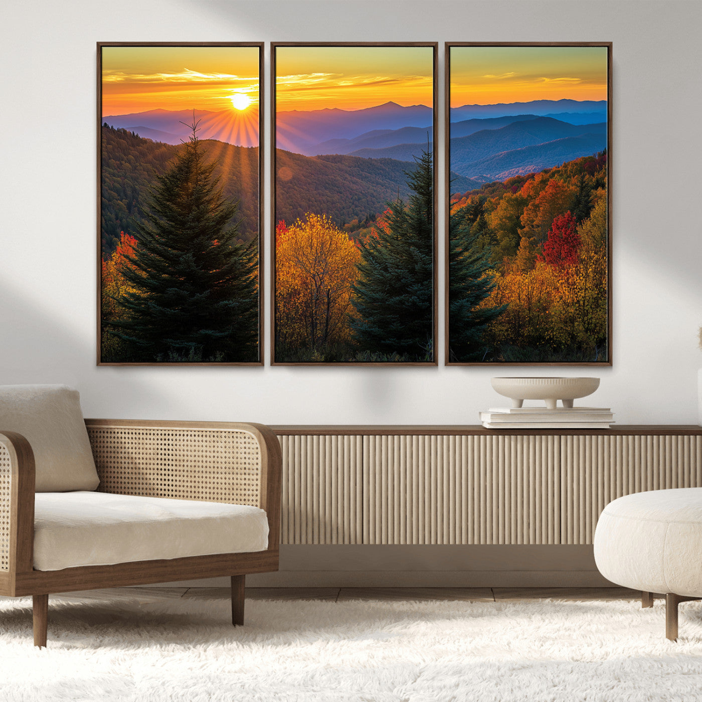 MGV-FC-48X32-3P - Golden Sunset Over Mountain Forest Canvas Wall Art Print - Warm Nature-Inspired Landscape for Living