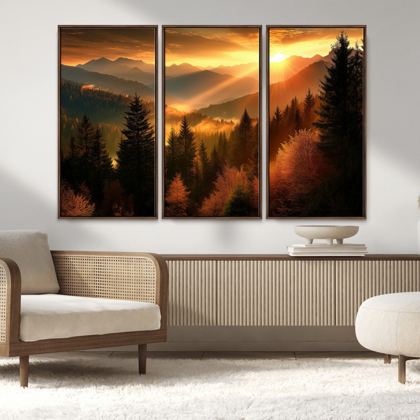MGV-FC-48X32-3P - Golden Sunset Over Mountain Forest Canvas Wall Art Print - Warm Nature Landscape Print