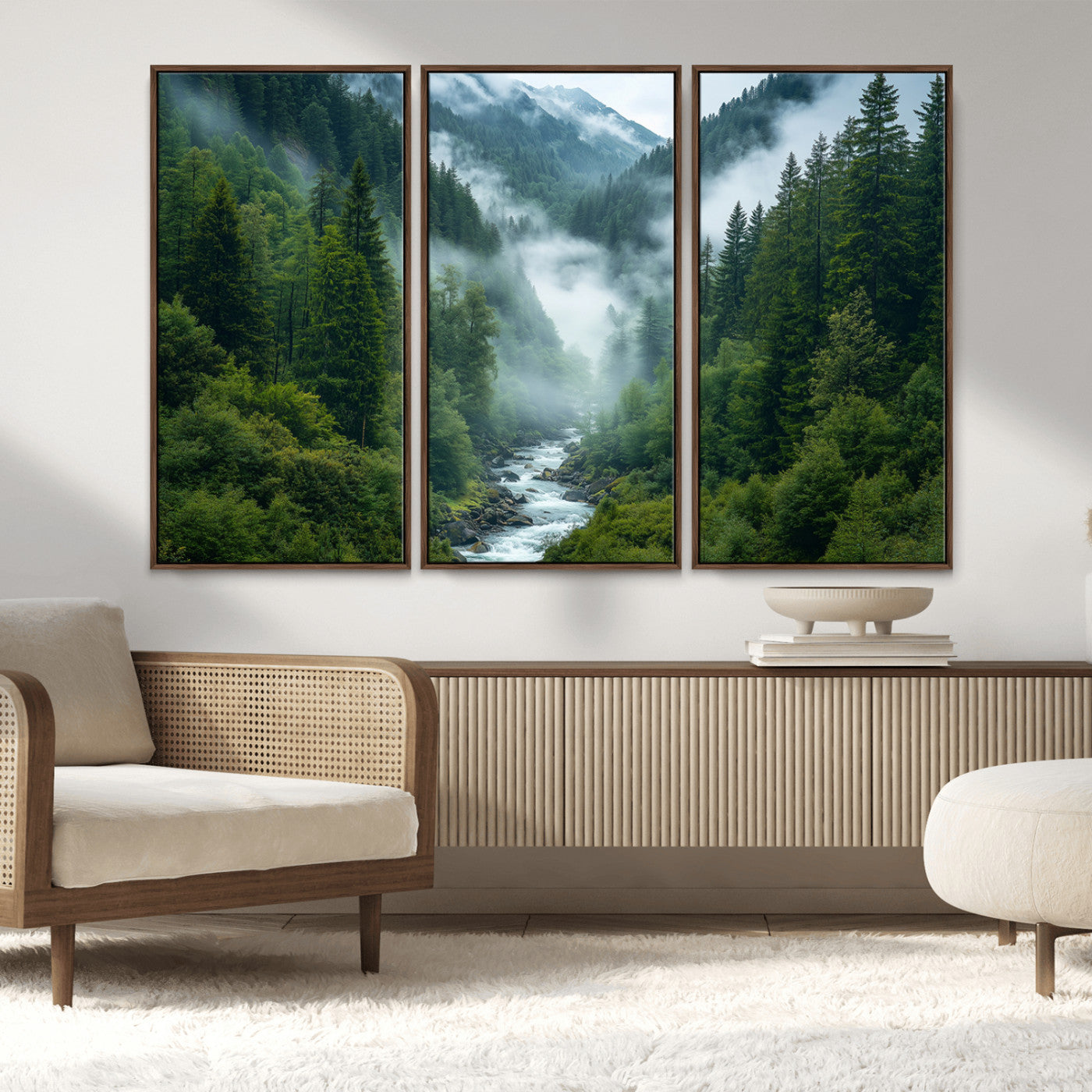 MGV-FC-48X32-3P - Mountain Forest River Canvas Wall Art Print - Serene Nature Landscape for Living Room, Office, or