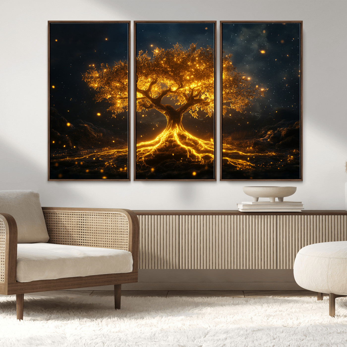 MGV-FC-48X32-3P - Golden Tree of Life Canvas Wall Art Print - Majestic Glowing Tree Design for Living Room, Office, or