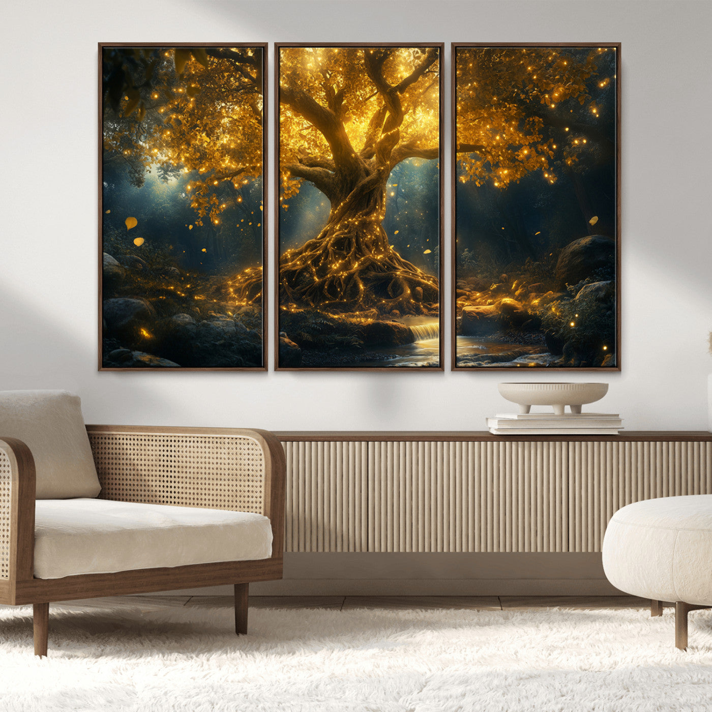 MGV-FC-48X32-3P - Golden Tree of Life Canvas Wall Art Print - Majestic Glowing Tree Wall Art Print